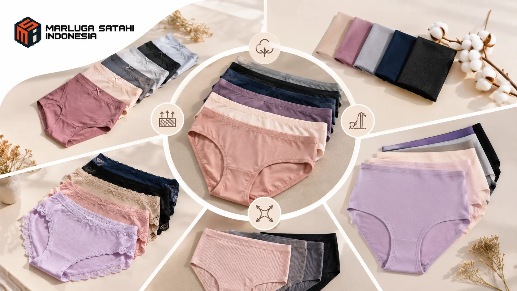 Koleksi celana dalam perempuan berbahan lembut dengan berbagai warna pastel yang ditampilkan untuk menunjukkan variasi model dan kualitas material pada kebutuhan pengadaan.