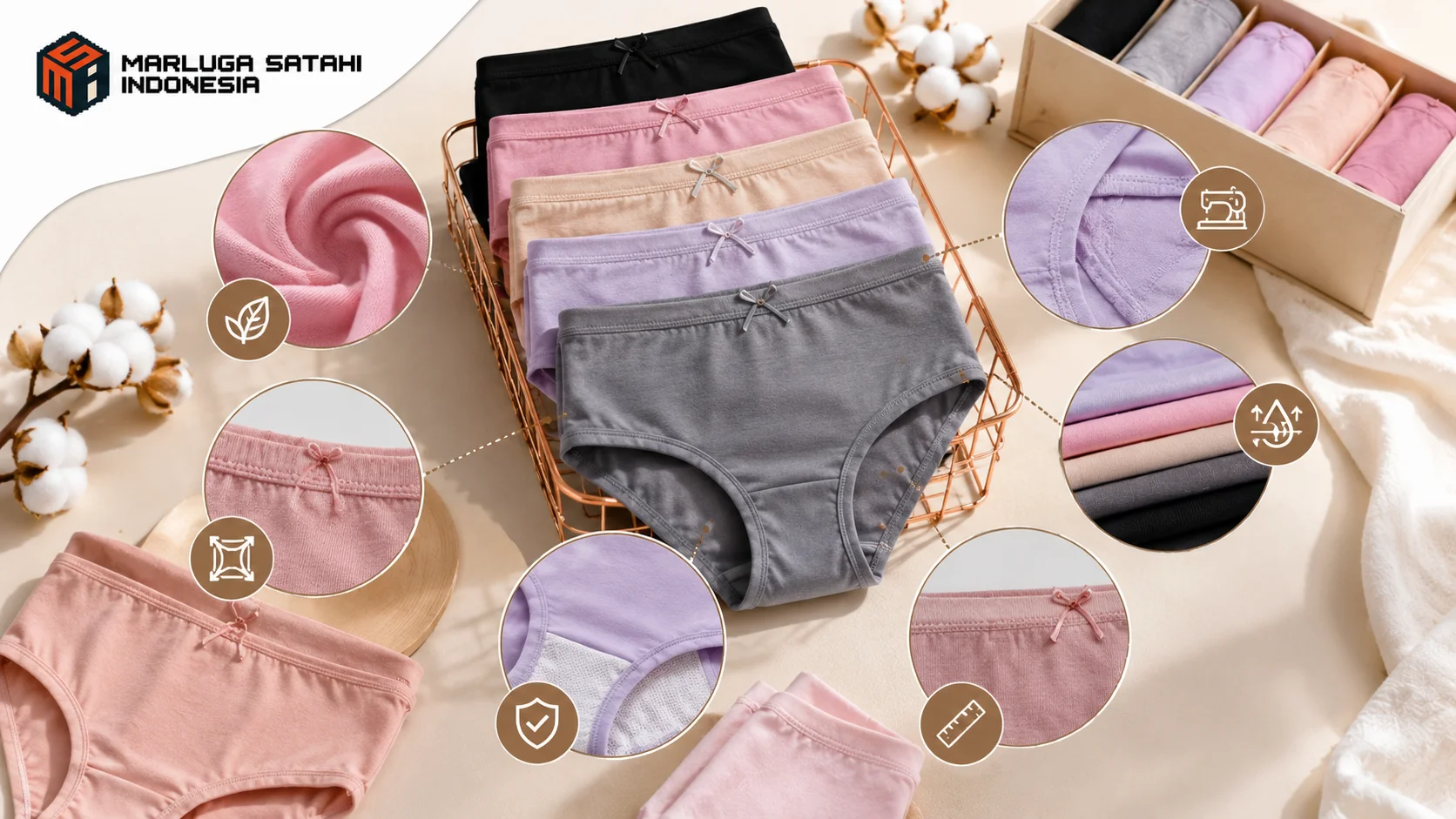 Beragam model celana dalam perempuan berkualitas dengan fokus pada bahan nyaman, elastis, dan detail produk untuk mendukung spesifikasi pengadaan.