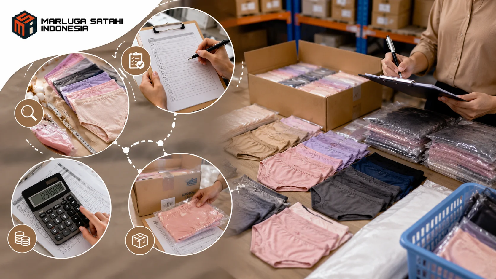 Proses pemeriksaan, pengemasan, dan pengadaan celana dalam perempuan berkualitas dengan tampilan produk yang rapi serta kontrol kualitas sebelum distribusi.