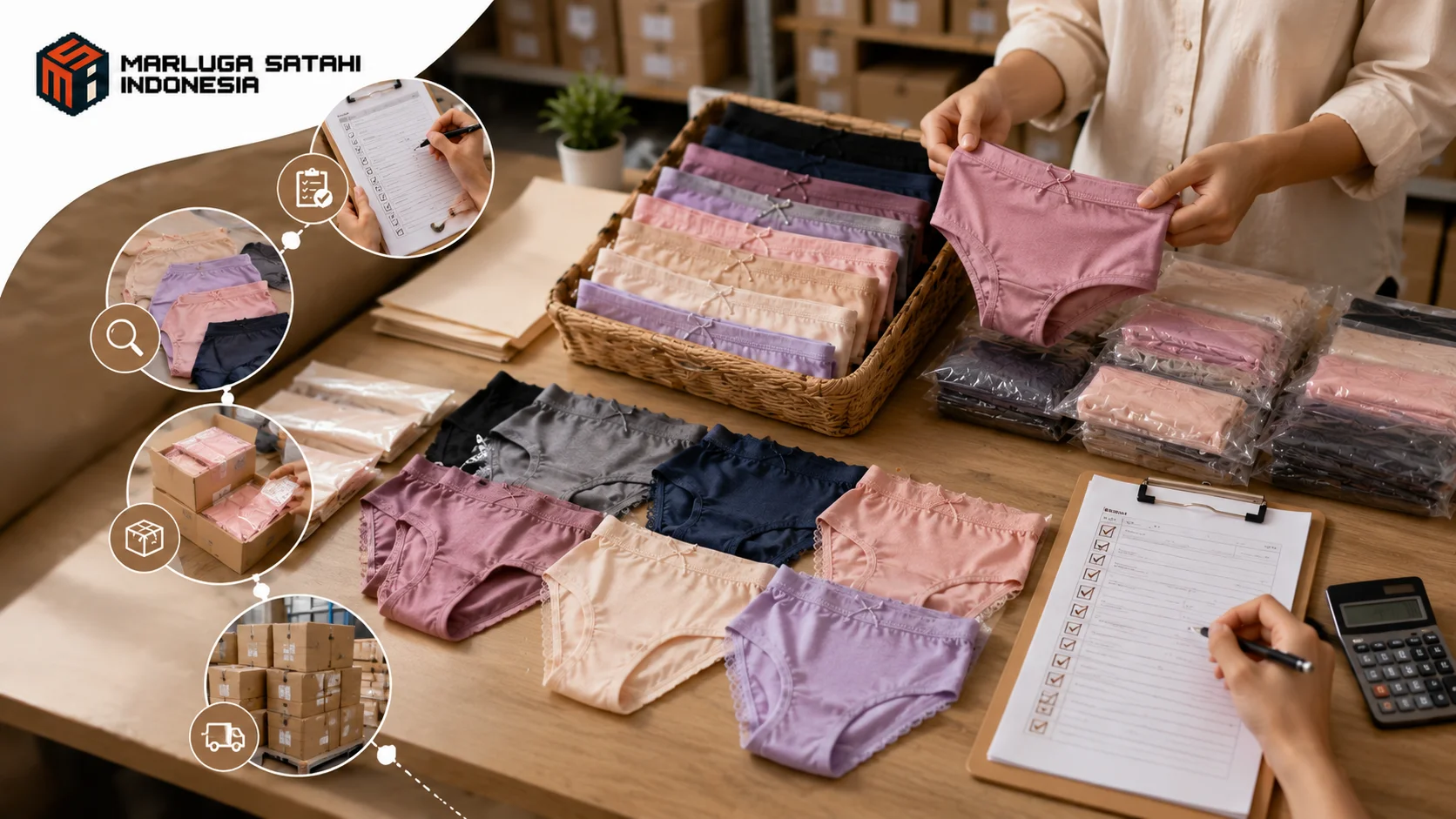 Proses pengadaan celana dalam perempuan dengan pemeriksaan kualitas, pengemasan produk, dan distribusi untuk mendukung kebutuhan instansi melalui INAPROC Kota Magelang.