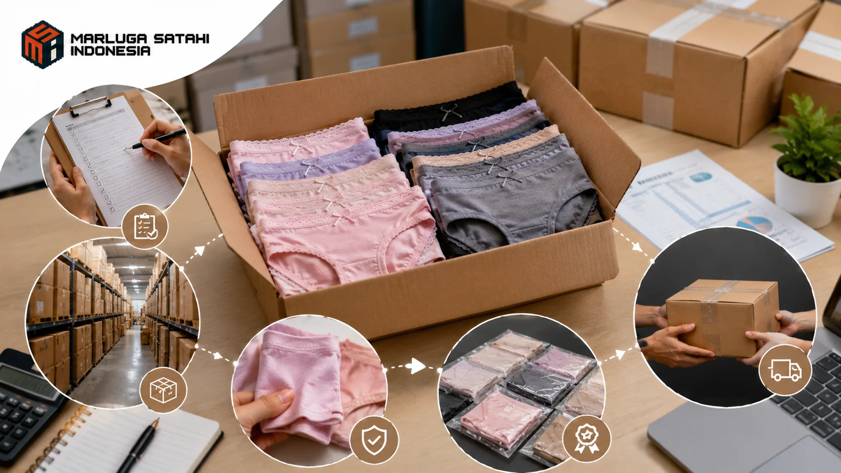 Pengadaan celana dalam perempuan menampilkan produk yang telah dikemas rapi, pemeriksaan spesifikasi, dan alur distribusi untuk memenuhi kebutuhan berbagai instansi.