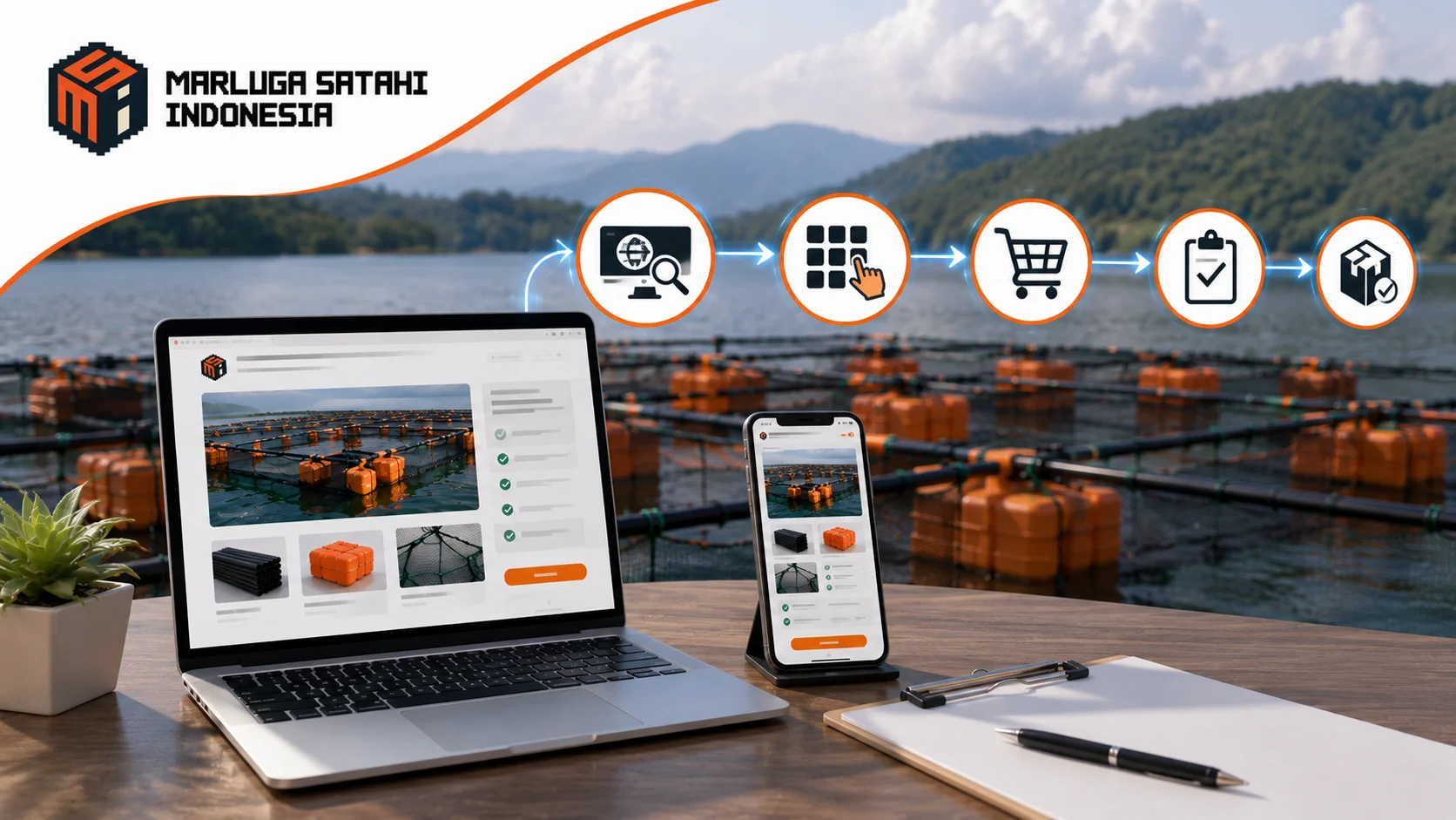 Banner pengadaan Inaproc yang menampilkan keramba jaring apung HDPE, perangkat akses e-katalog pemerintah, dan logo Marluga Satahi Indonesia untuk proses e-purchasing.