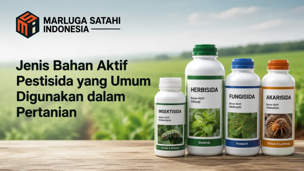 Banner edukasi Jenis Bahan Aktif Pestisida yang Umum Digunakan dalam Pertanian dari Marluga Satahi Indonesia, menampilkan empat botol produk pelindung tanaman di atas meja kayu.
