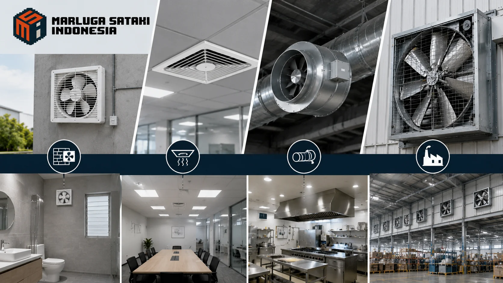 Berbagai jenis exhaust fan industri dan komersial ditampilkan untuk menggambarkan manfaat ventilasi dalam meningkatkan kualitas udara dan kenyamanan ruangan.