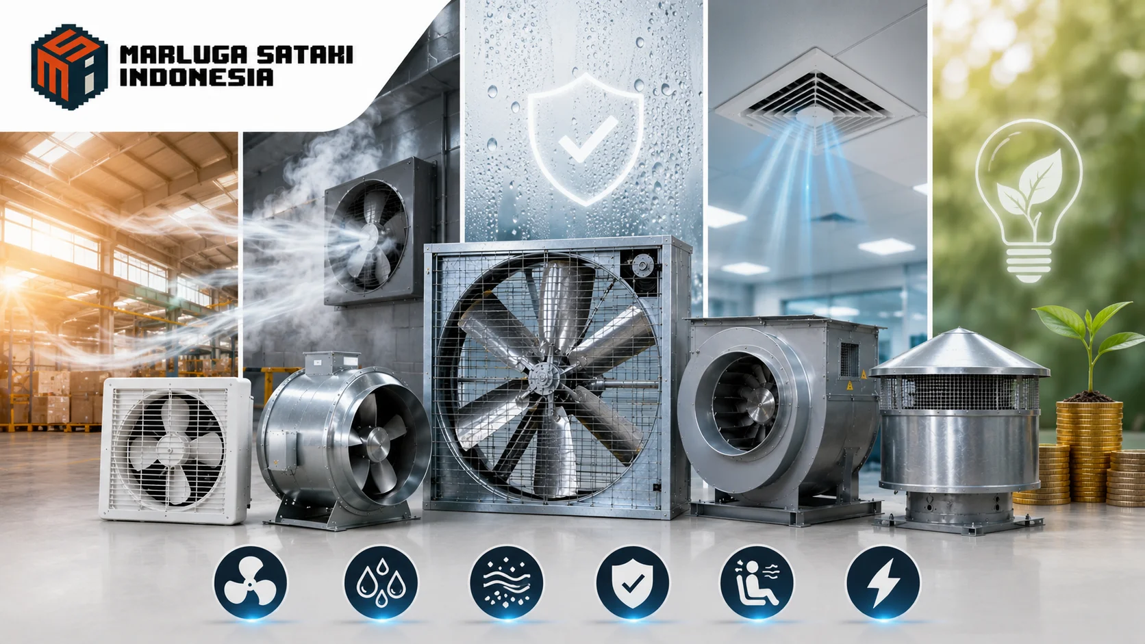 Koleksi exhaust fan heavy duty, axial fan, dan centrifugal fan sebagai solusi ventilasi untuk mendukung lingkungan kerja yang sehat dan efisien.