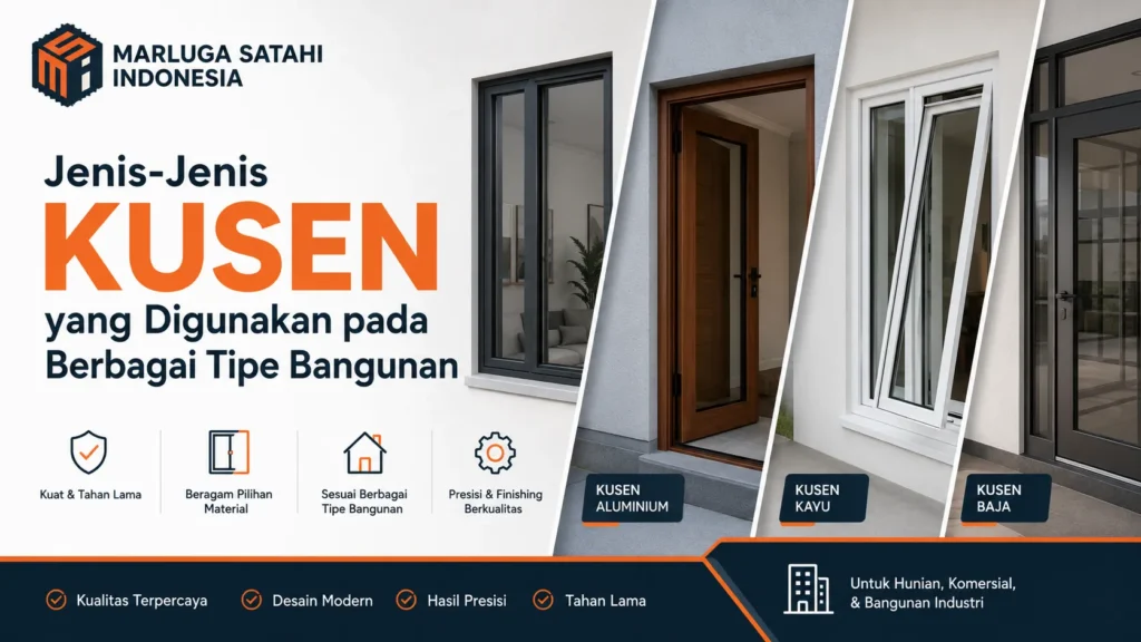 Banner katalog Marluga Satahi Indonesia tentang jenis-jenis kusen aluminium, kayu, dan baja untuk hunian, komersial, serta bangunan industri dengan keunggulan kuat, tahan lama, dan hasil presisi.