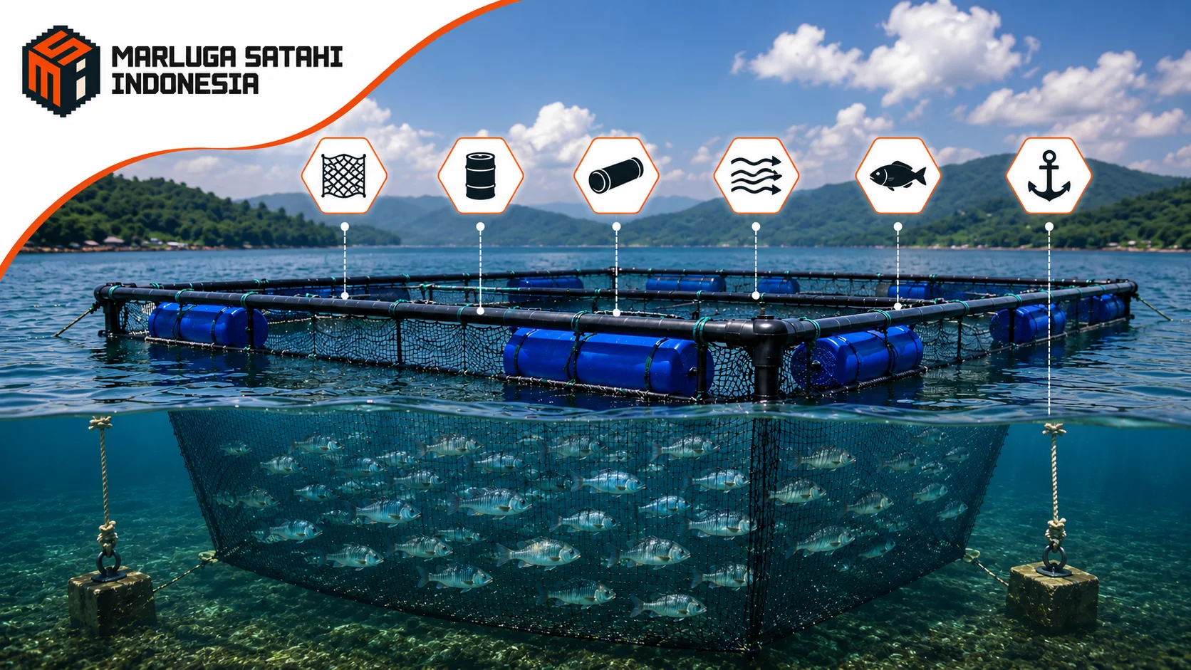 Keramba Jaring Apung HDPE dengan tampilan potongan bawah air yang memperlihatkan rangka, pelampung, jaring, ikan budidaya, sistem tambat, dan sirkulasi air di perairan terbuka.