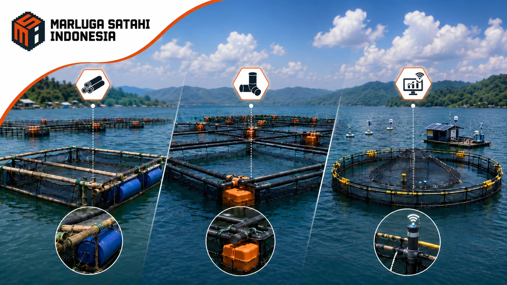 Perbandingan Keramba Jaring Apung berbahan bambu tradisional, HDPE modern, dan sistem smart aquaculture dengan teknologi monitoring untuk budidaya ikan.