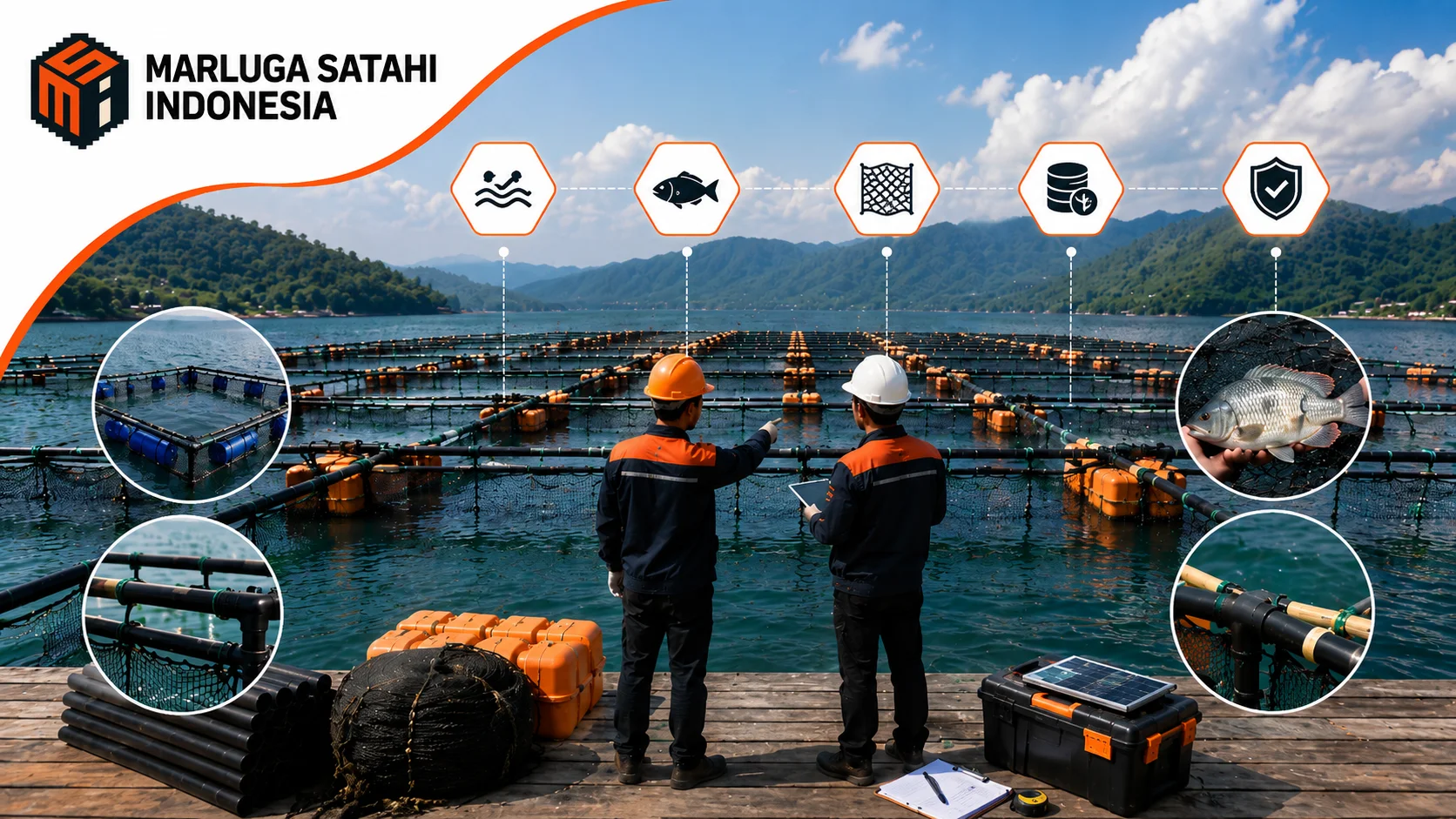 Tim teknis Marluga Satahi Indonesia melakukan evaluasi Keramba Jaring Apung HDPE dengan mempertimbangkan kondisi perairan, material, keamanan struktur, dan jenis ikan budidaya.