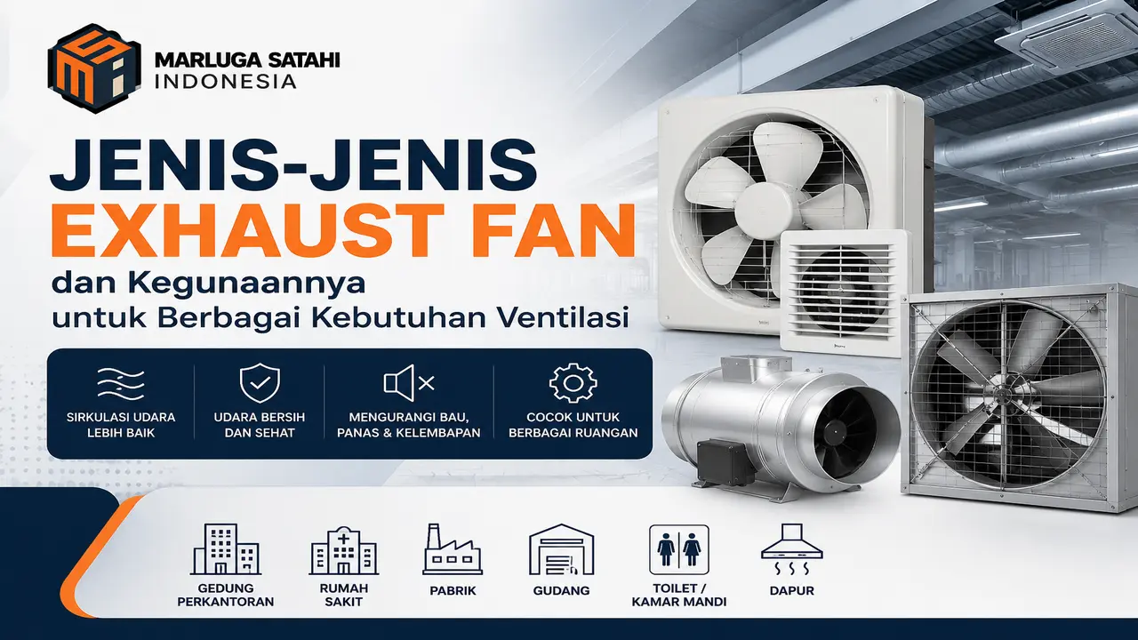 Jenis-jenis exhaust fan Penyedia Marluga Satahi Indonesia meliputi wall mounted, ceiling mounted, dan industrial exhaust fan untuk kebutuhan ventilasi gedung, kantor, pabrik, dan fasilitas umum