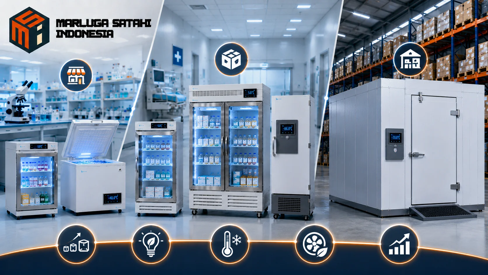 Mesin pendingin frozen food kapasitas besar di area cold storage dan distribusi produk beku.