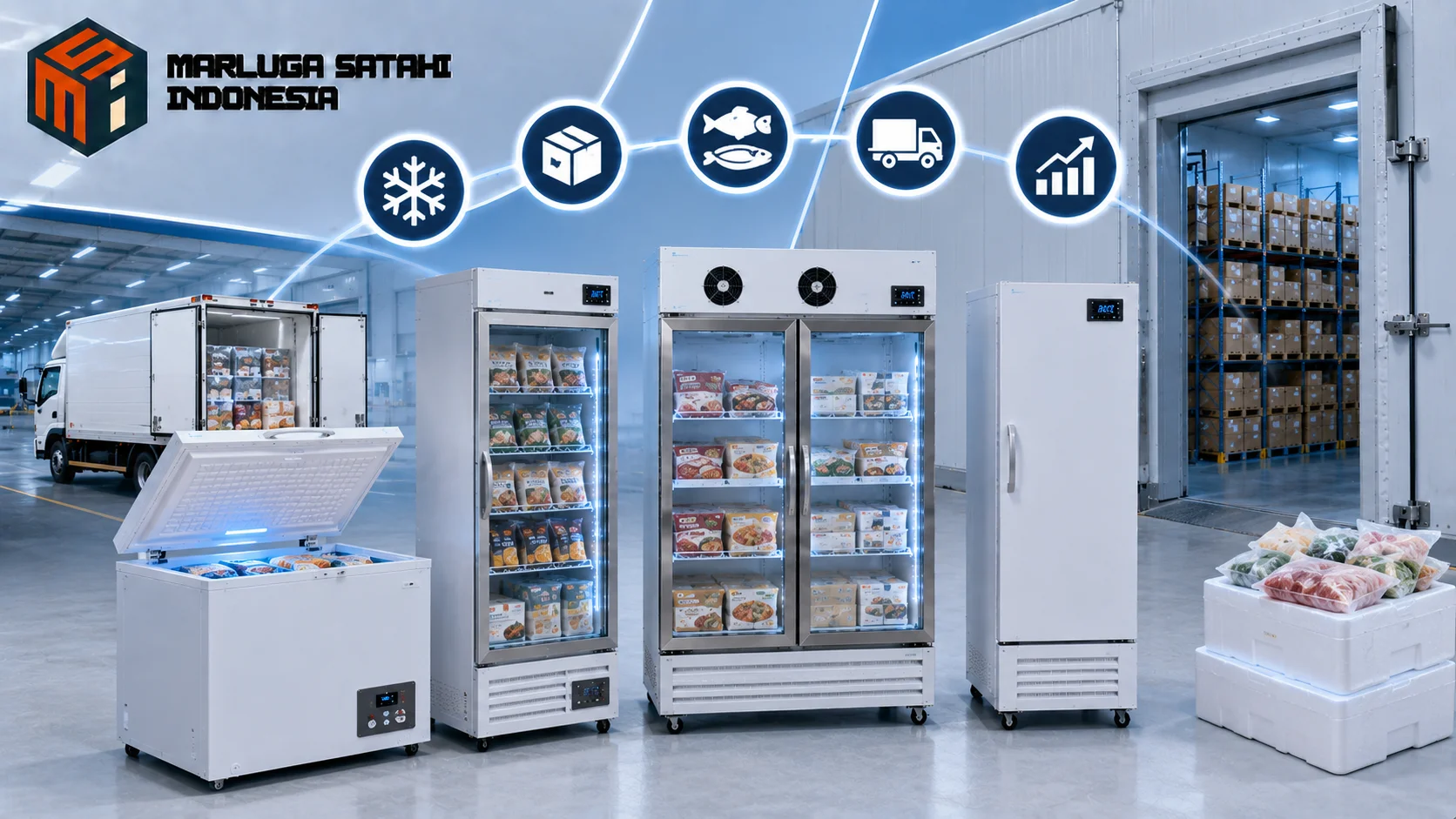 Sistem mesin pendingin distributor frozen food dengan cold room dan penyimpanan produk beku.