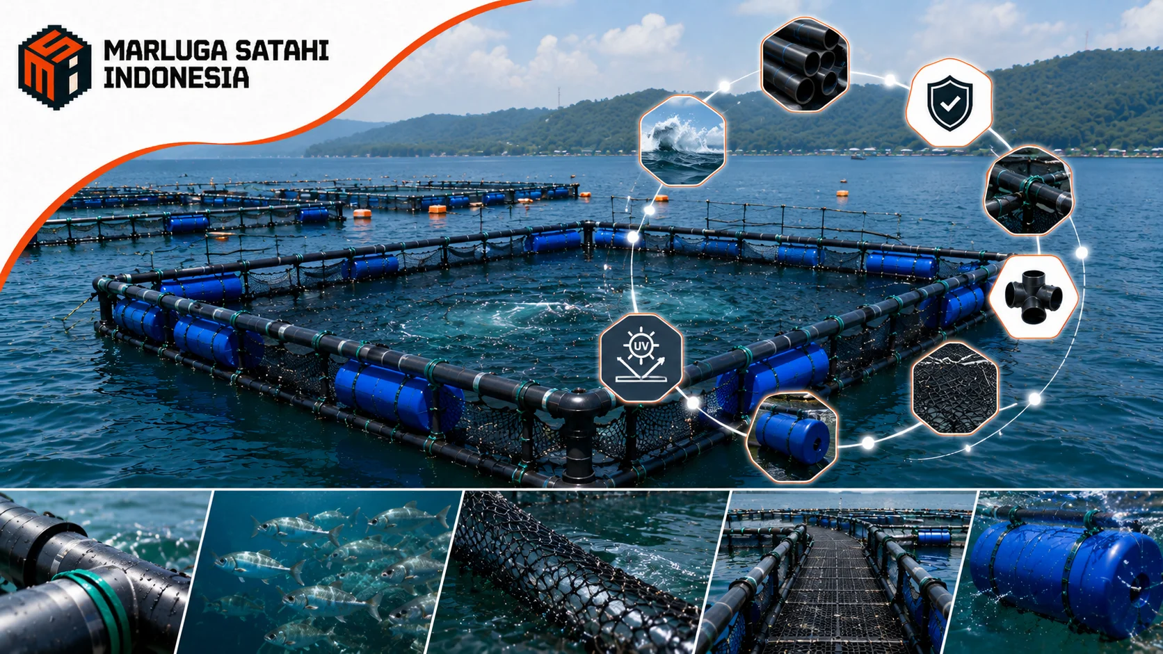 Keramba Jaring Apung (KJA) HDPE modular di perairan terbuka dengan tampilan detail komponen utama seperti pipa HDPE, pelampung, konektor, jaring, deck, dan sistem tambat untuk mendukung budidaya ikan modern.