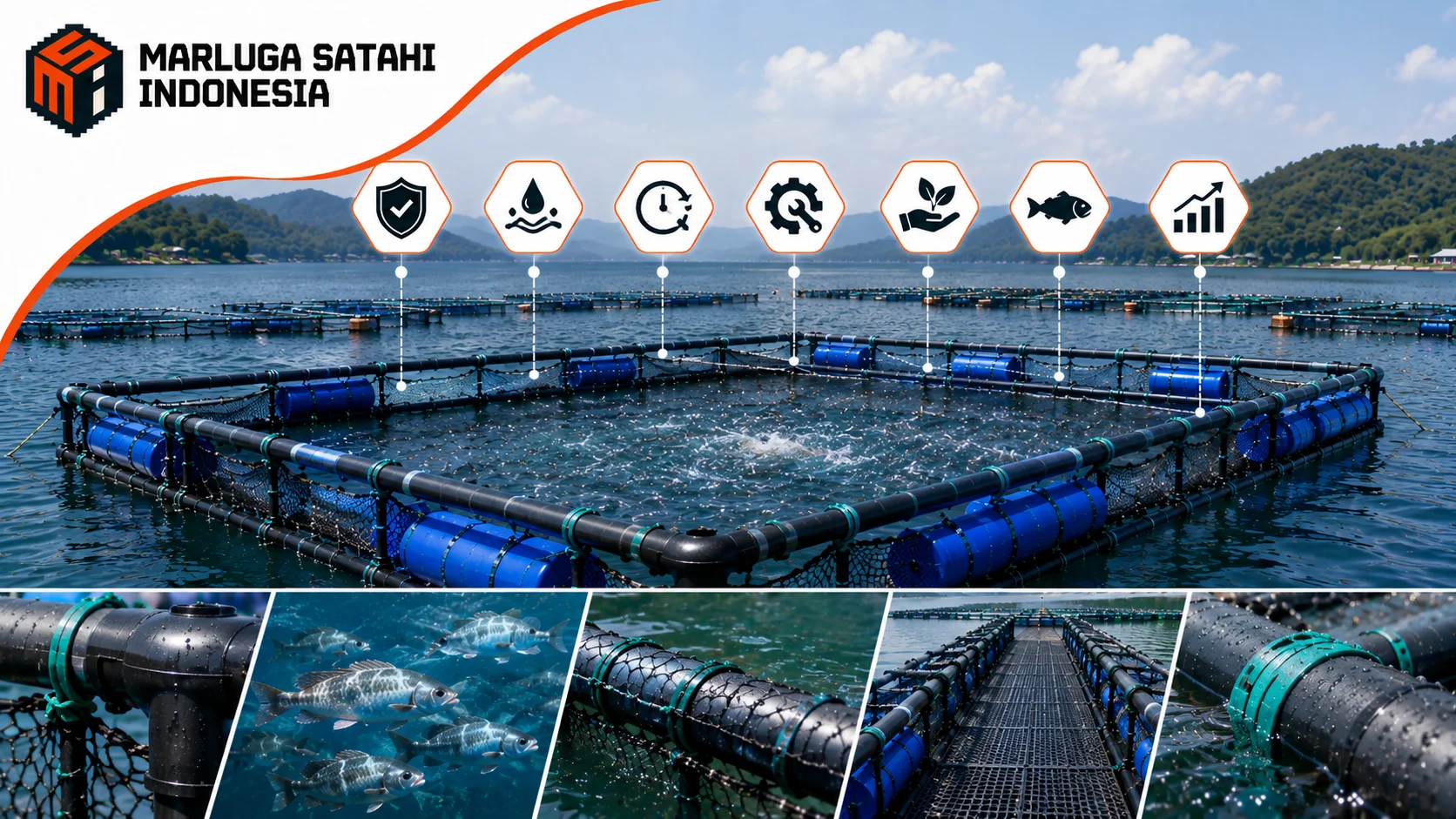 Struktur Keramba HDPE berbahan High Density Polyethylene dengan fokus pada rangka apung, pelampung, jaring budidaya, konektor, jalur akses, serta komponen mooring dalam sistem budidaya ikan profesional.