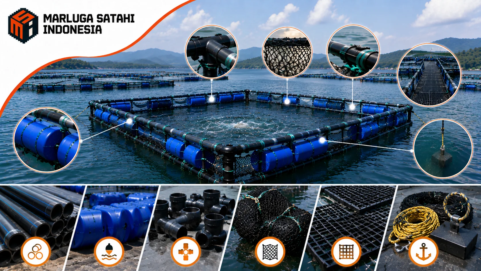 Ilustrasi fotografi nyata Keramba Jaring Apung HDPE lengkap dengan komponen konstruksi utama yang dirancang untuk meningkatkan stabilitas, ketahanan, dan efisiensi budidaya ikan di perairan laut maupun danau.
