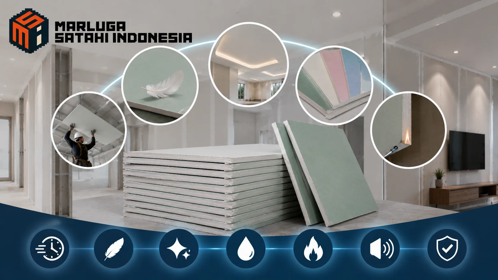 Tumpukan gypsum board dengan fitur ringan, tahan lembap, tahan api, dan akustik.