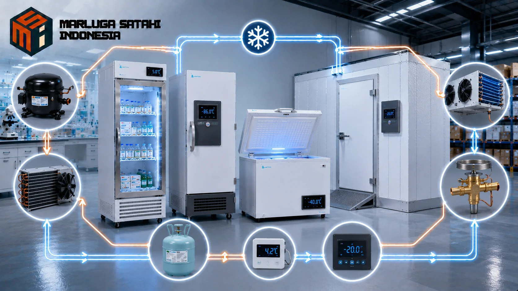 Mesin pendingin industri dengan komponen pendukung sistem refrigerasi seperti thermostat, sensor suhu, pressure gauge, control panel, kipas, dan pressure switch di fasilitas cold storage.