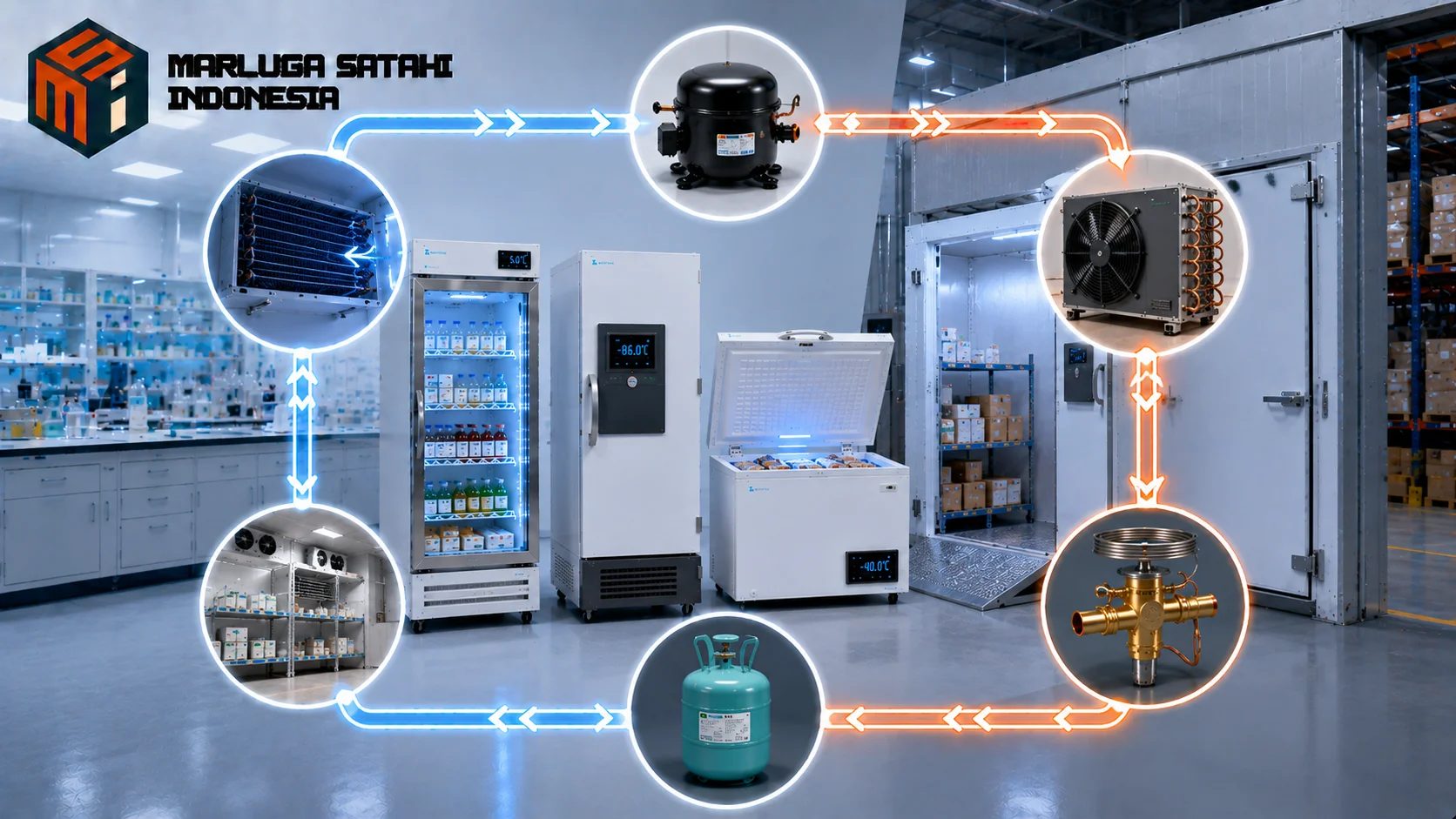 Cold storage, freezer, dan chiller laboratorium dengan visual komponen pendukung pendinginan untuk menjaga stabilitas suhu penyimpanan produk dan bahan sensitif.