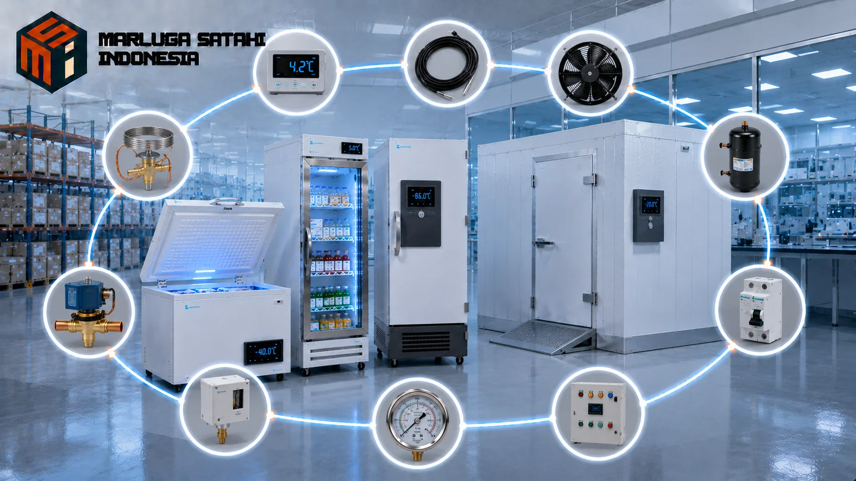 Sistem mesin pendingin komersial menampilkan komponen pendukung refrigerasi yang terhubung untuk mendukung kontrol suhu, keamanan operasional, dan efisiensi pendinginan.