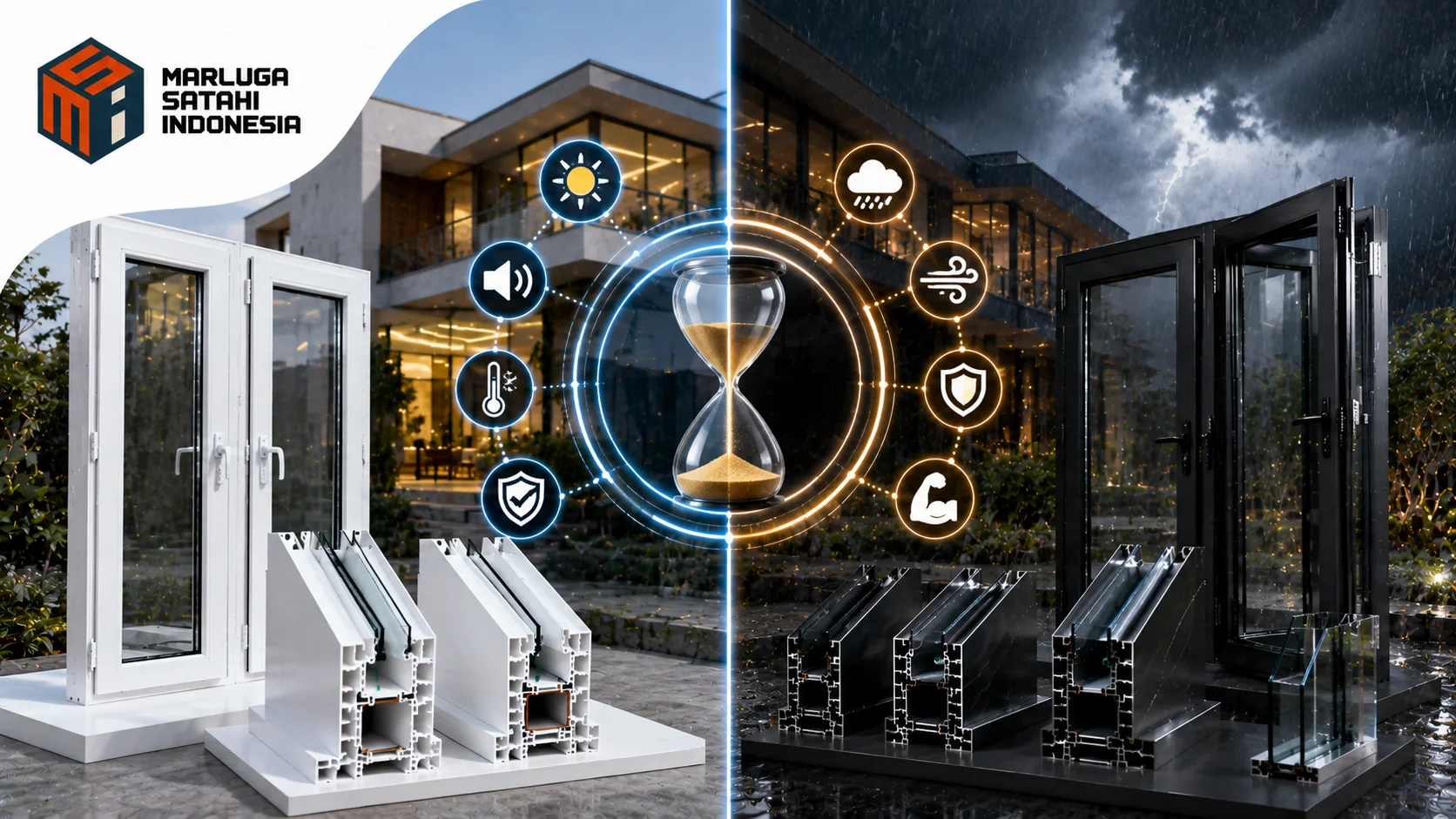 Visual komparasi kusen UPVC dan aluminium lengkap dengan potongan profil, kaca, dan ikon fitur teknis untuk kebutuhan konstruksi bangunan modern.