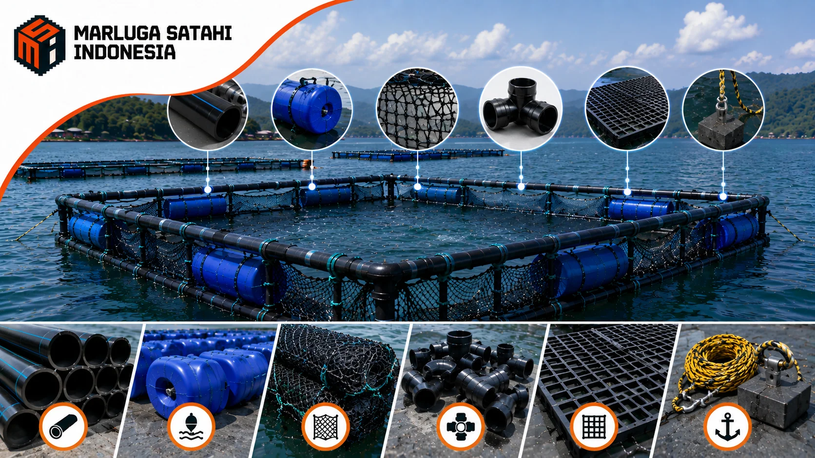 Keramba Jaring Apung (KJA) HDPE Marluga Satahi Indonesia dengan rangka pipa HDPE, pelampung biru, jaring budidaya, konektor, dan walkway yang ditampilkan dalam foto nyata di perairan terbuka sebagai solusi budidaya ikan modern.