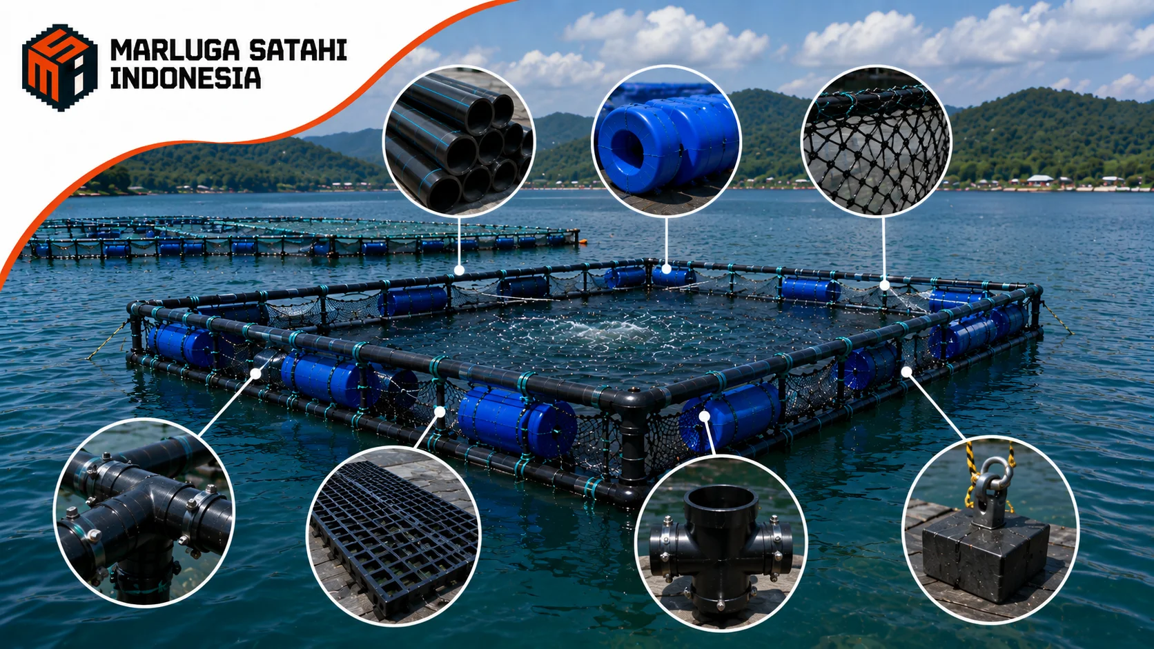 Foto produk Keramba Jaring Apung HDPE menampilkan detail material utama seperti pipa HDPE, sambungan konektor, pelampung, jaring, dan jalur inspeksi dengan latar kawasan budidaya ikan di danau.