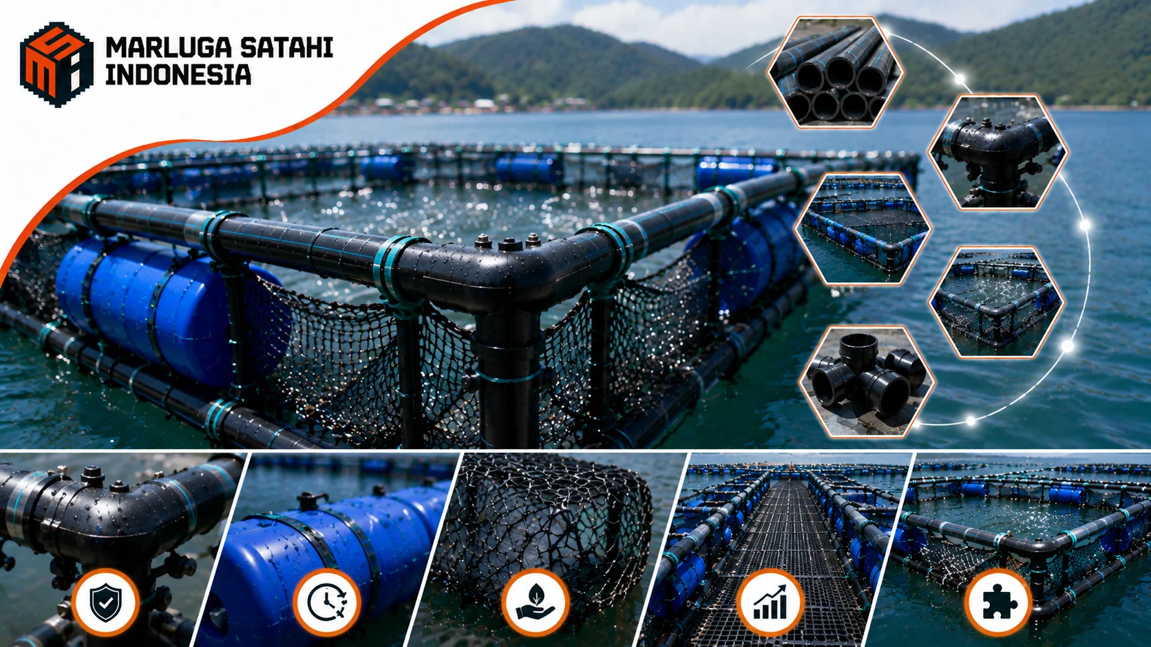 Banner Keramba Jaring Apung HDPE Marluga Satahi Indonesia yang memperlihatkan struktur rangka HDPE, komponen utama KJA, serta sistem budidaya ikan modern berbahan tahan korosi dan ramah lingkungan.