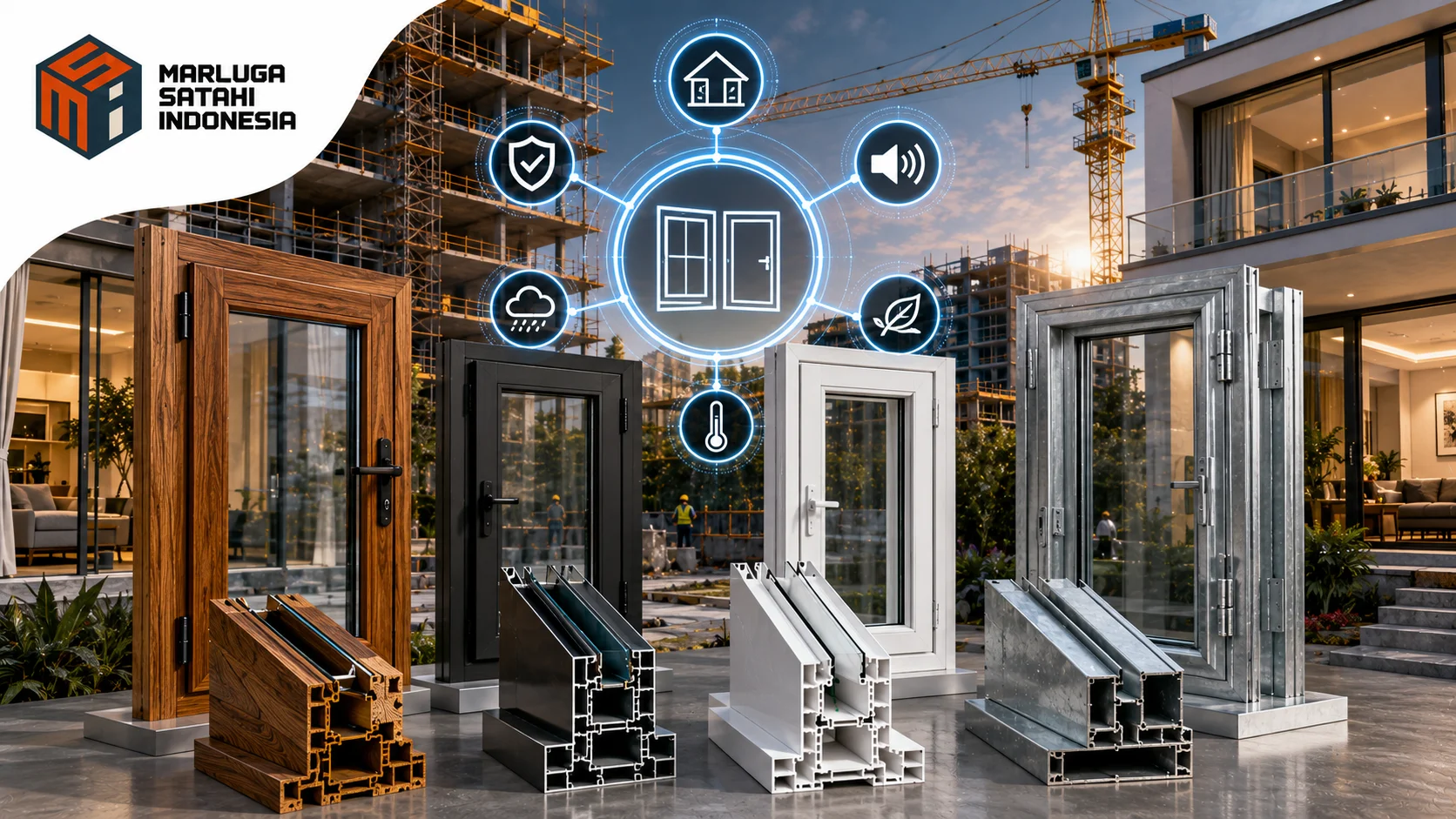 Perbandingan berbagai material kusen konstruksi meliputi kayu, aluminium, UPVC, dan baja ringan dengan tampilan profil serta aplikasi pada bangunan modern.