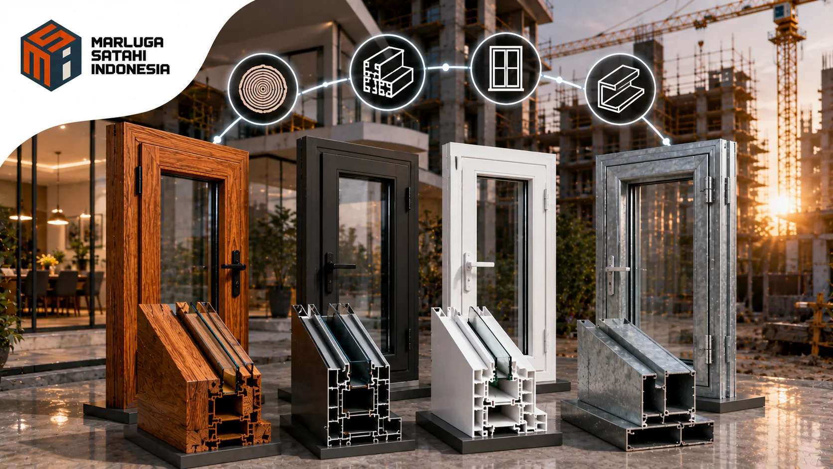 Display material kusen bangunan dengan profil kayu, aluminium, UPVC, dan baja ringan untuk mendukung kekuatan, estetika, dan efisiensi konstruksi.