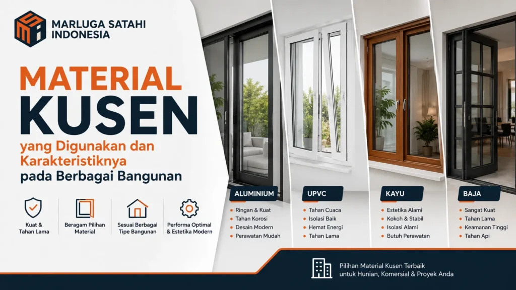 Banner katalog Marluga Satahi Indonesia mengenai pilihan material kusen terbaik untuk hunian dan komersial dengan keunggulan tahan korosi, hemat energi, estetika alami, hingga keamanan tinggi.
