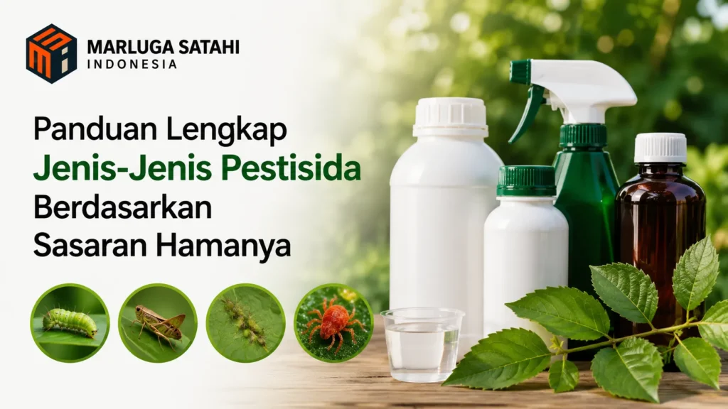 Banner edukasi Panduan Lengkap Jenis-Jenis Pestisida Berdasarkan Sasaran Hamanya dari Marluga Satahi Indonesia, menampilkan botol-botol cairan pertanian dan ikon hama tanaman.