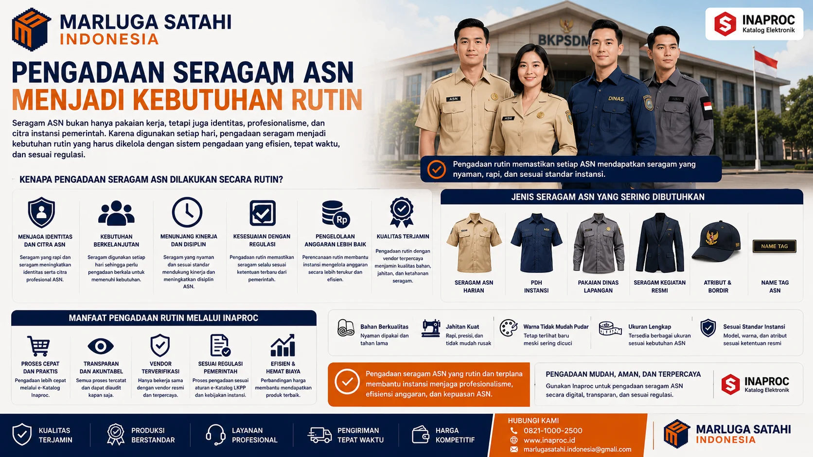 Infografis vendor berpengalaman pengadaan seragam ASN yang menjelaskan alasan instansi pemerintah memprioritaskan vendor profesional, mulai dari legalitas lengkap, ketepatan waktu produksi, hingga efisiensi proses procurement melalui Inaproc.