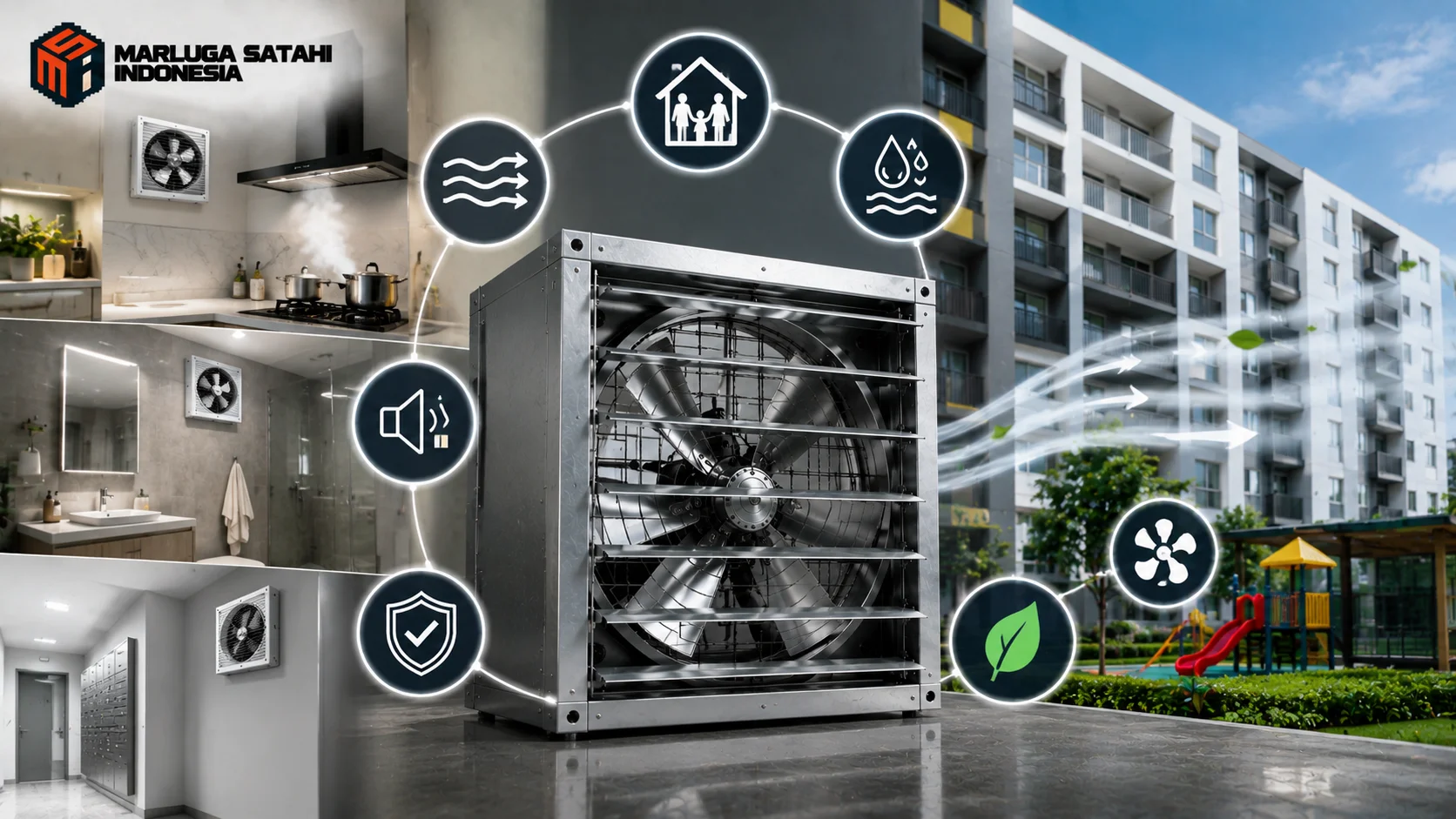 Exhaust fan industri berkapasitas besar dengan ikon evaluasi pengadaan, efisiensi energi, kebisingan, biaya operasional, dan perencanaan teknis sebagai ilustrasi tantangan dalam pengadaan exhaust fan untuk fasilitas pemerintah dan bangunan komersial.