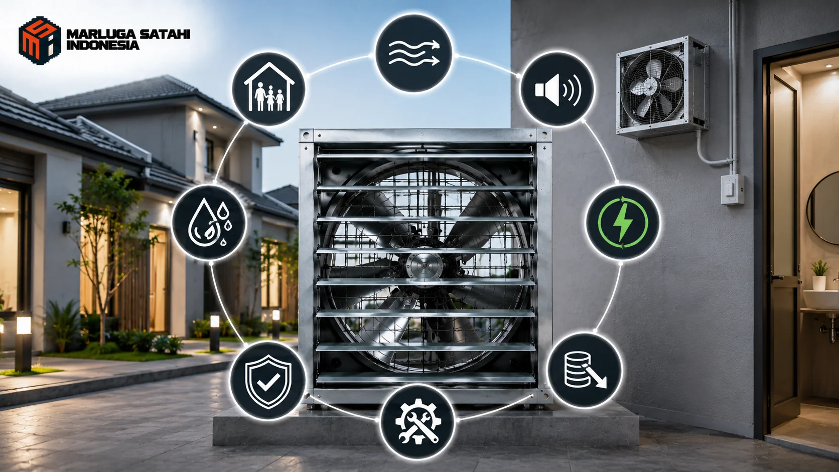 Unit exhaust fan ventilasi heavy duty pada area fasilitas modern dengan elemen visual yang menggambarkan proses analisis spesifikasi, kapasitas udara, efisiensi energi, serta pertimbangan biaya dalam pengadaan sistem ventilasi.