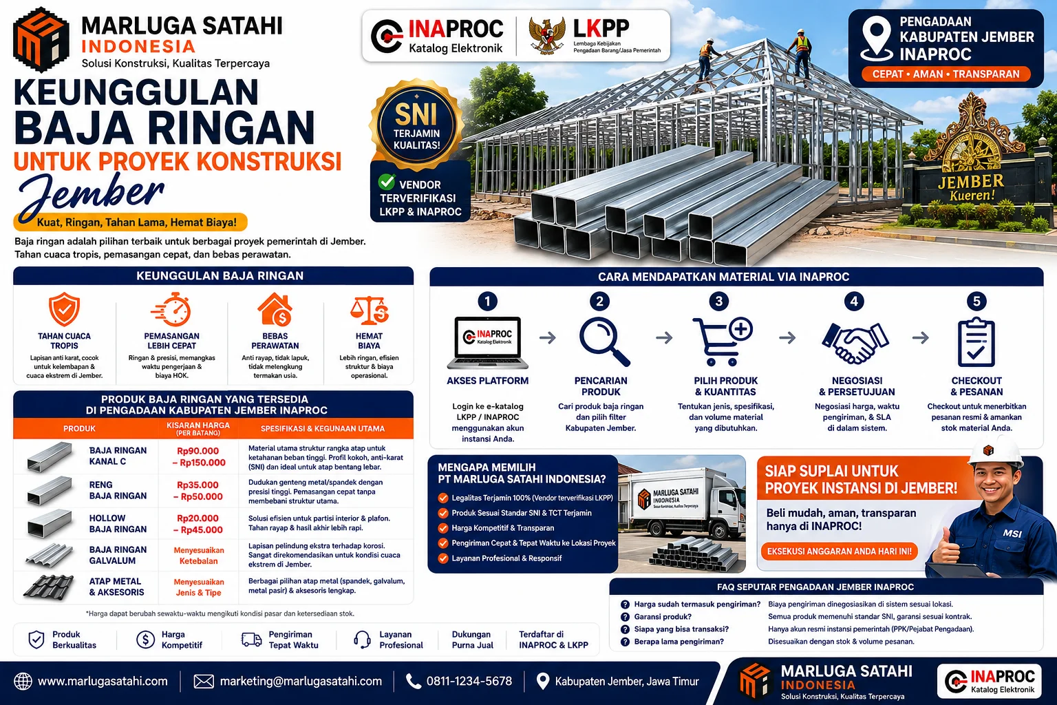 Cara Mendapatkan Material via Inaproc untuk Pengadaan Kabupaten Jember Inaproc dengan langkah e-purchasing baja ringan SNI melalui vendor terverifikasi Marluga Satahi Indonesia, mulai dari pencarian produk hingga checkout pesanan.