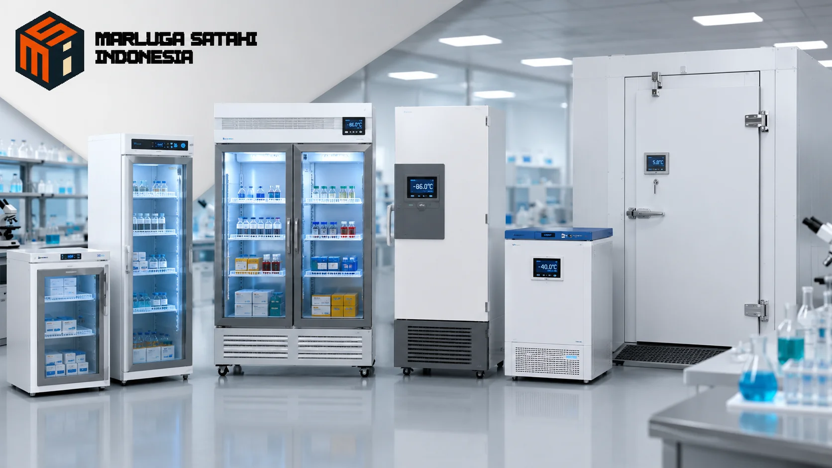 Mesin pendingin laboratorium modern terdiri dari refrigerator laboratorium, freezer, ULT freezer, dan cold room yang digunakan untuk penyimpanan sampel, vaksin, serta reagen di fasilitas kesehatan.
