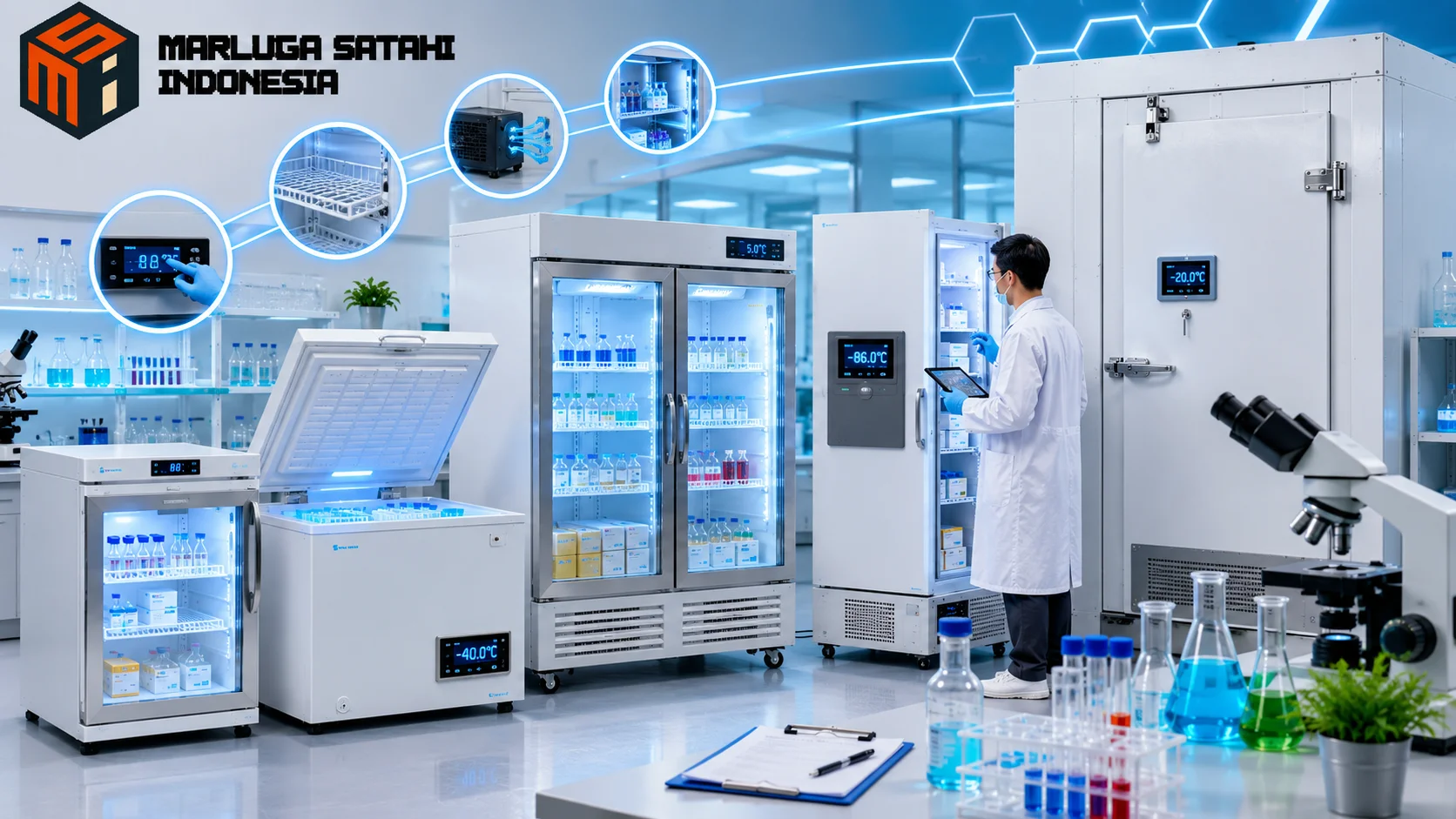 Sistem penyimpanan laboratorium lengkap meliputi vaccine refrigerator, deep freezer, ultra low temperature freezer, dan cold storage untuk mendukung kebutuhan penelitian serta layanan kesehatan.