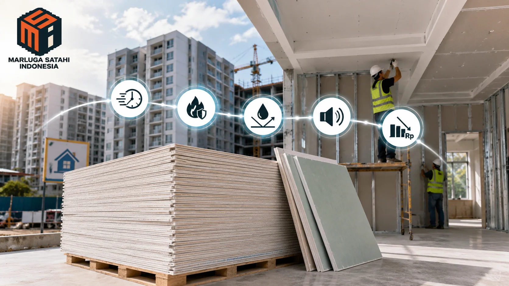 Tumpukan gypsum board berbagai jenis dengan ikon spesifikasi teknis dan logo Marluga Satahi Indonesia pada area konstruksi interior.