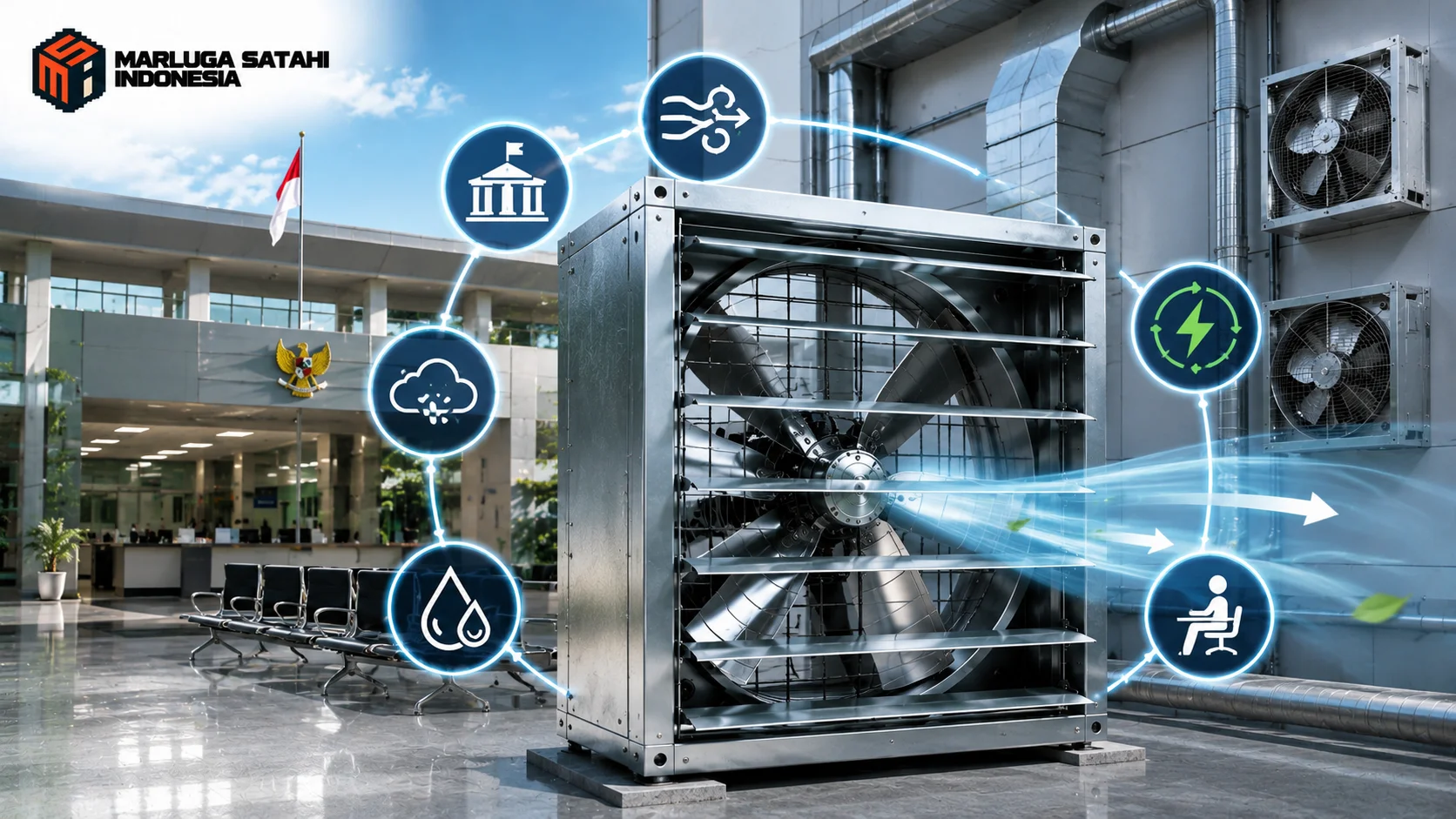 Exhaust fan ventilasi industri pada fasilitas pemerintah dengan visual tantangan pengadaan terkait kapasitas, efisiensi energi, kebisingan, dan spesifikasi teknis.