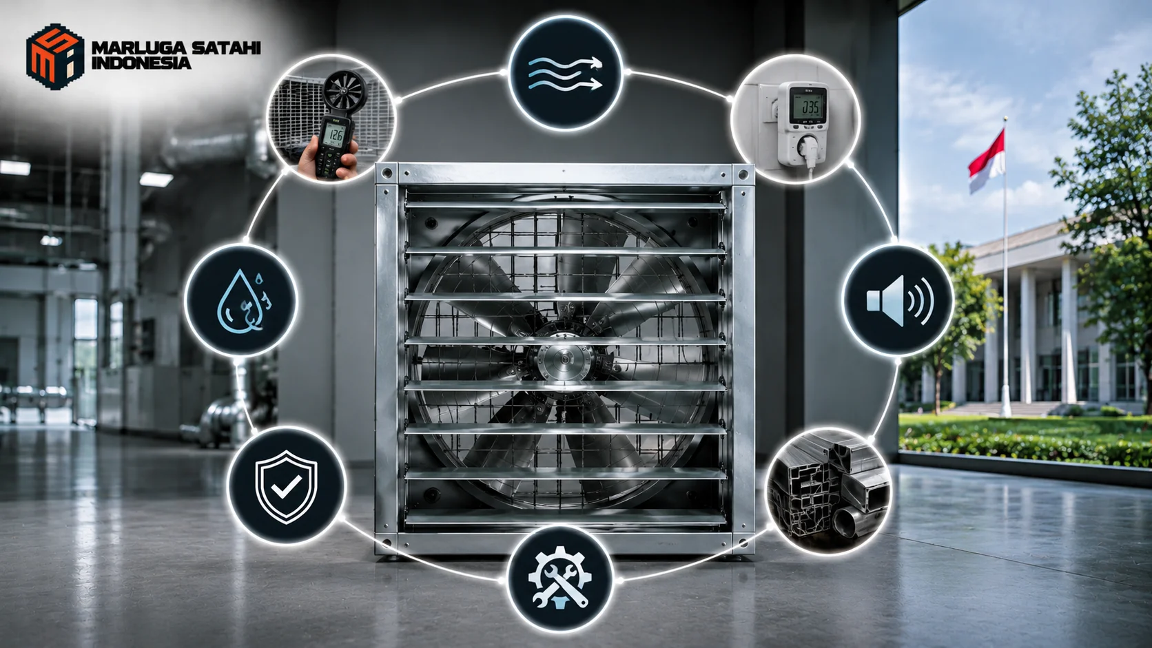 Unit exhaust fan ventilasi komersial dengan ikon faktor evaluasi seperti airflow, konsumsi daya, tingkat kebisingan, dan material konstruksi.