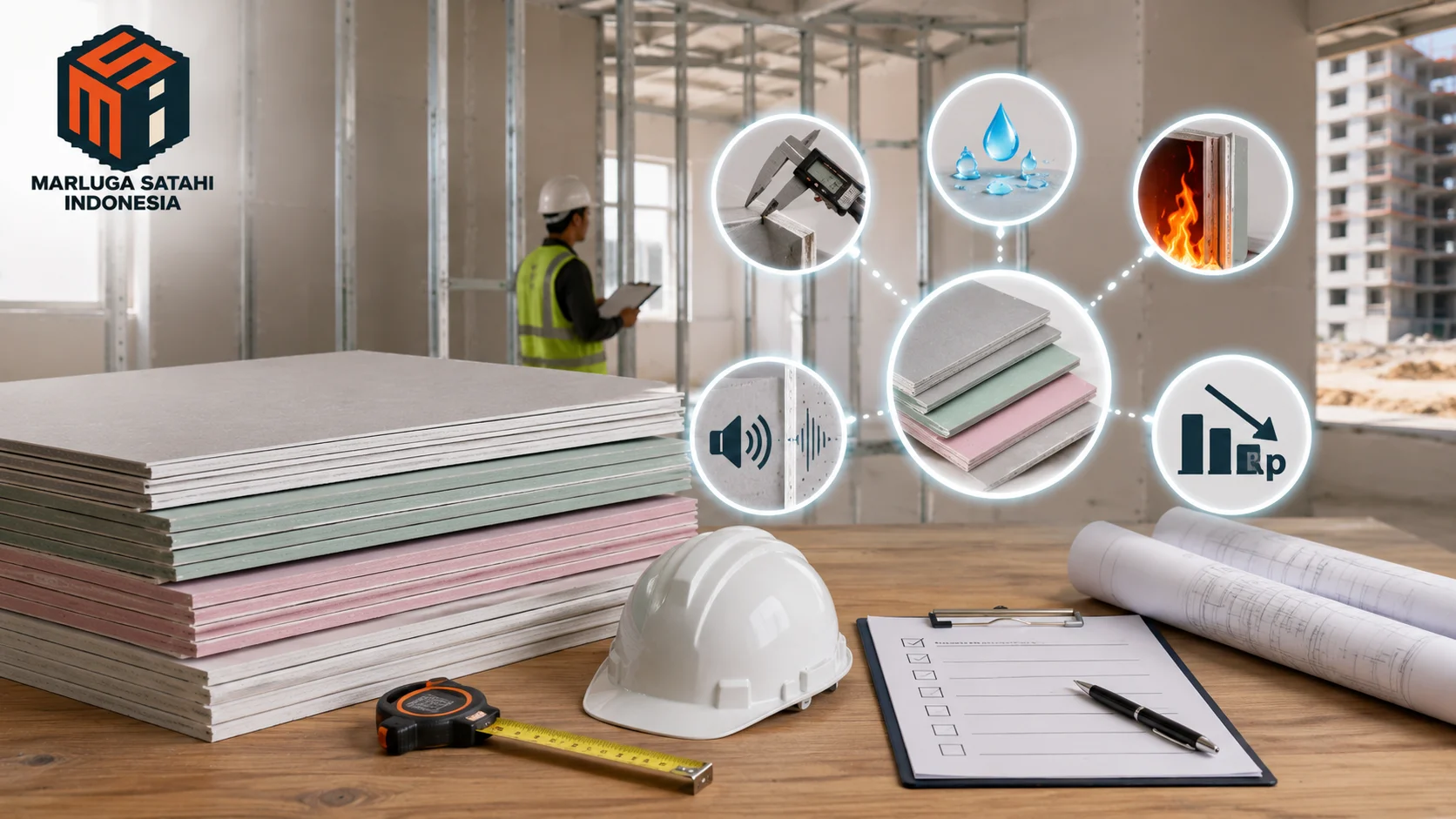 Inspektur proyek memeriksa spesifikasi gypsum board dengan ikon fitur material pada area pembangunan gedung.