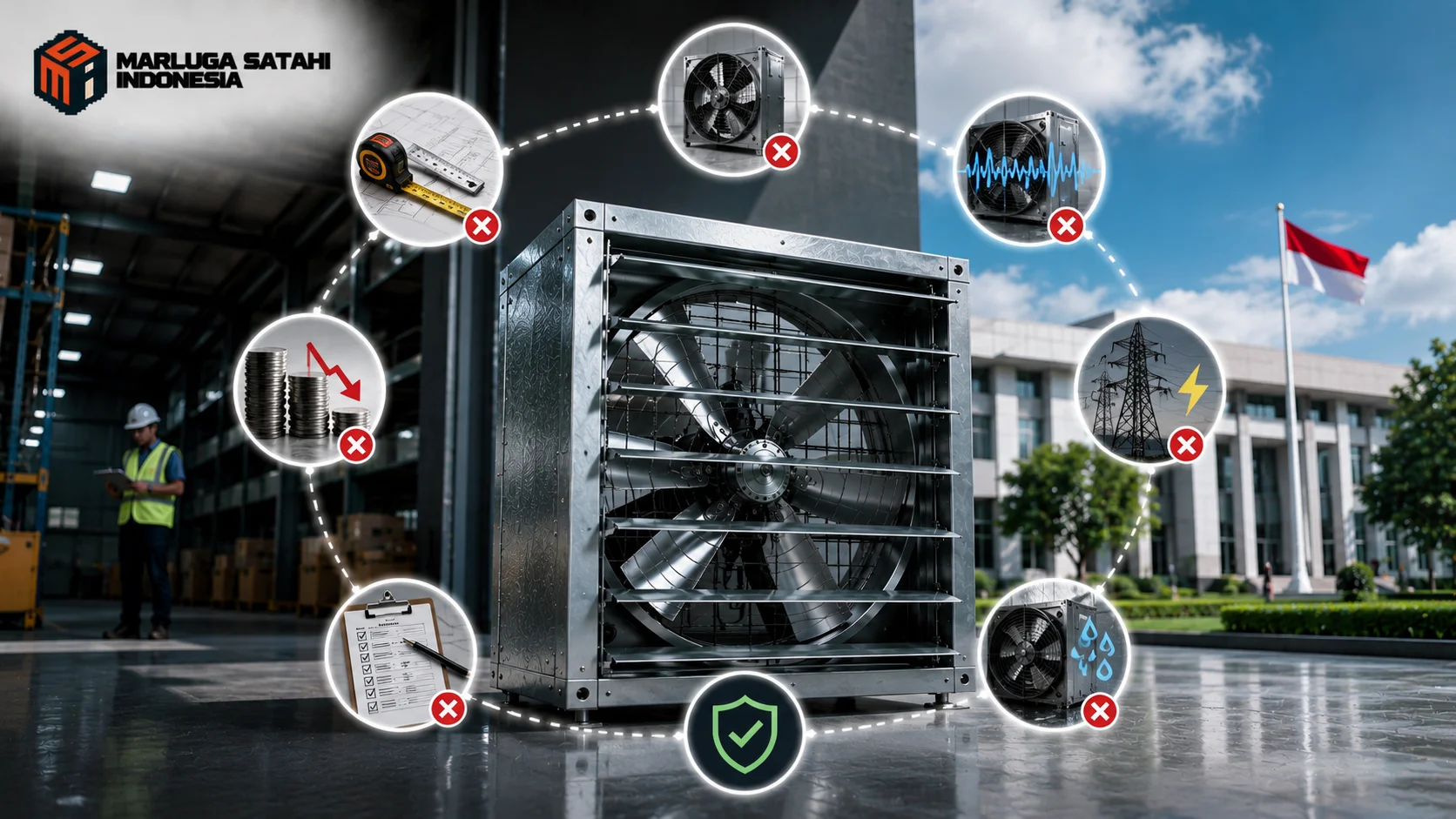Exhaust fan ventilasi heavy duty pada area gedung pemerintah dengan ilustrasi kendala pengadaan dan pemilihan kapasitas sistem ventilasi.