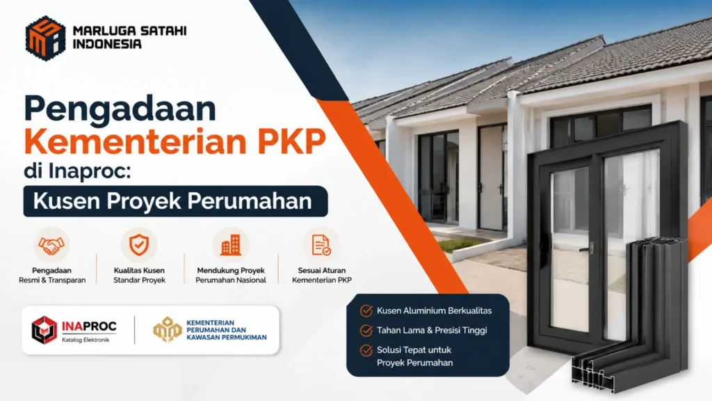 Infografis Marluga Satahi Indonesia berjudul "Pengadaan Kementerian PKP di Inaproc: Kusen Proyek Perumahan" menampilkan deretan rumah subsidi minimalis, produk kusen aluminium hitam, serta logo INAPROC dan Kementerian Perumahan dan Kawasan Permukiman.