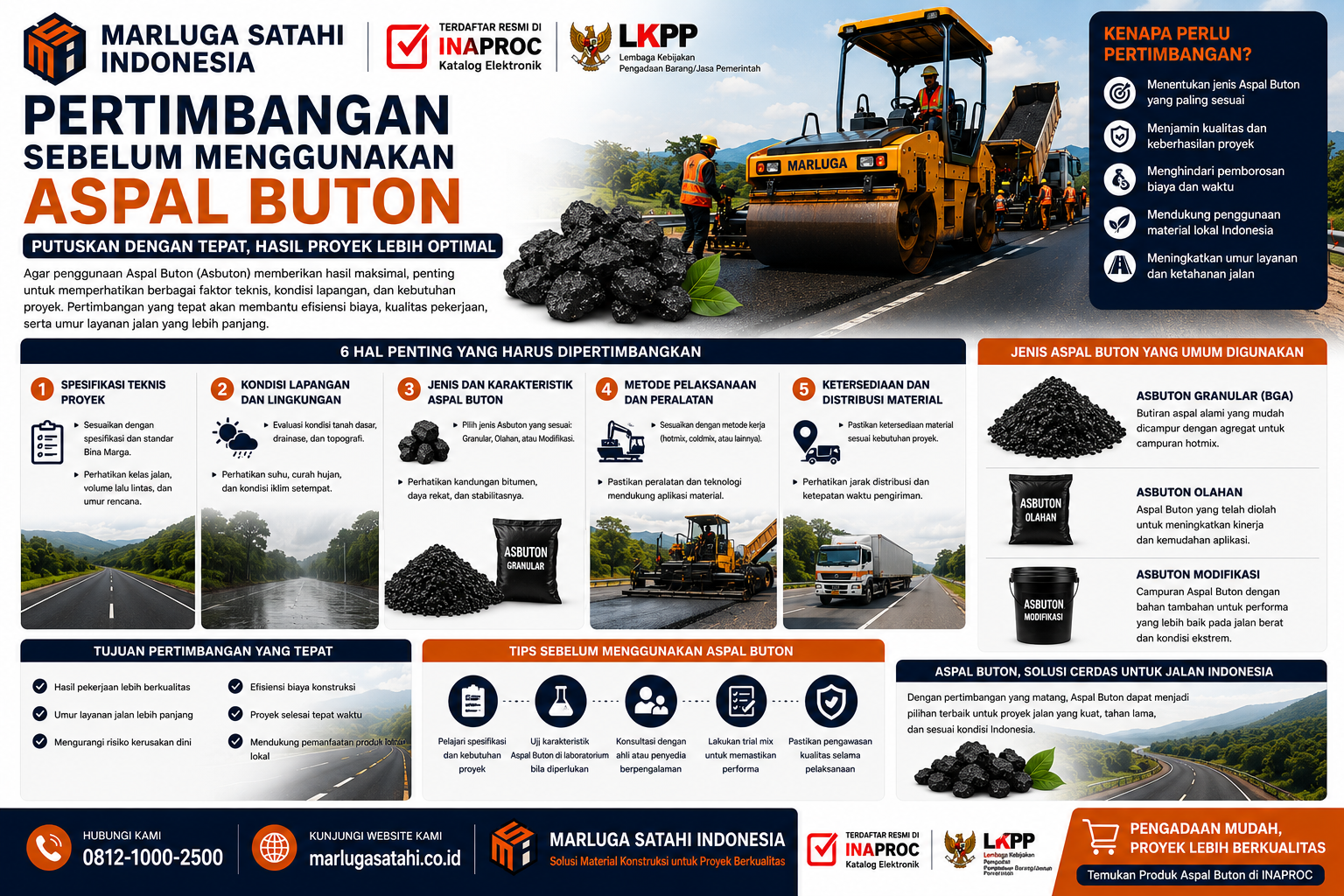 Panduan Pertimbangan Sebelum Menggunakan Aspal Buton untuk proyek infrastruktur jalan, mencakup evaluasi spesifikasi proyek, kondisi lapangan, distribusi material, dan efisiensi penggunaan Aspal Buton.