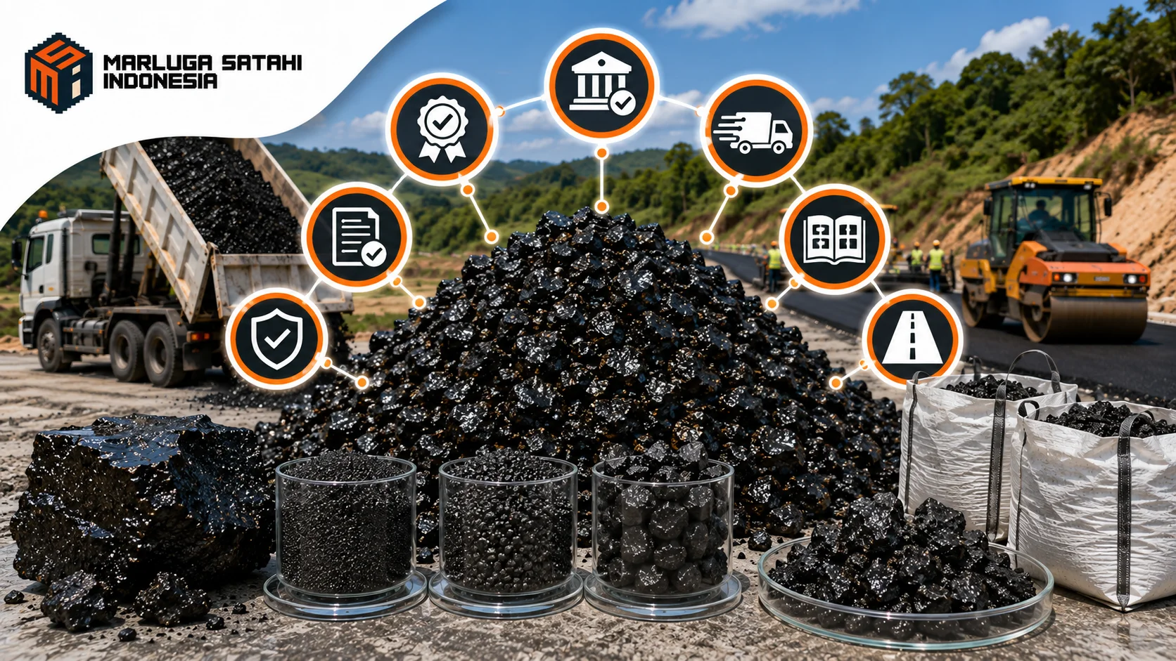 Tumpukan Asbuton Murni berkualitas tinggi untuk kebutuhan konstruksi jalan dan infrastruktur dengan dukungan pengadaan resmi melalui INAPROC.