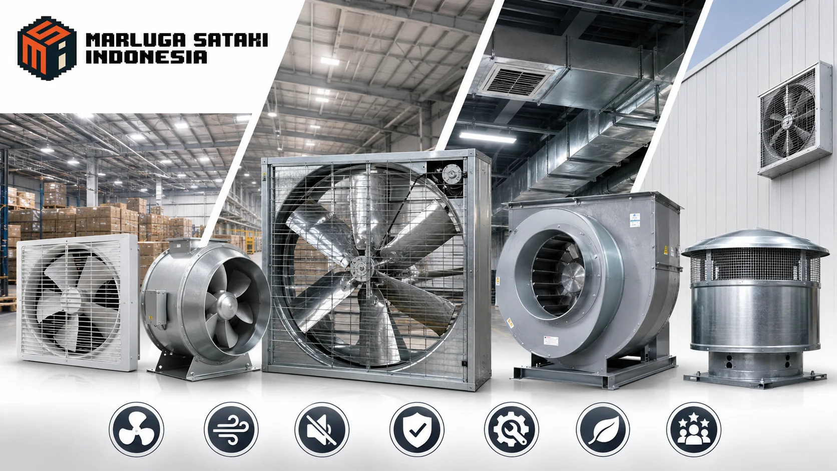 Beragam exhaust fan industri dan komersial dengan material logam tahan lama ditampilkan di area fasilitas modern untuk mendukung sistem ventilasi udara yang optimal.