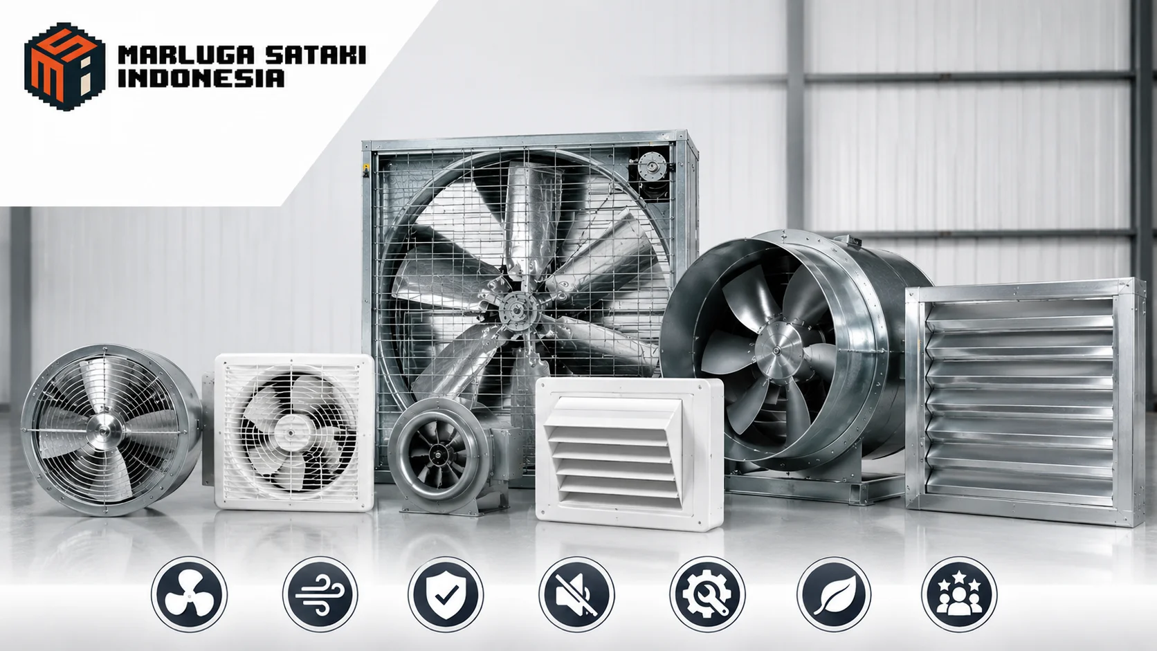 Kumpulan exhaust fan axial, centrifugal, dan wall mounted fan dalam lingkungan industri yang merepresentasikan pertimbangan spesifikasi sebelum memilih exhaust fan.