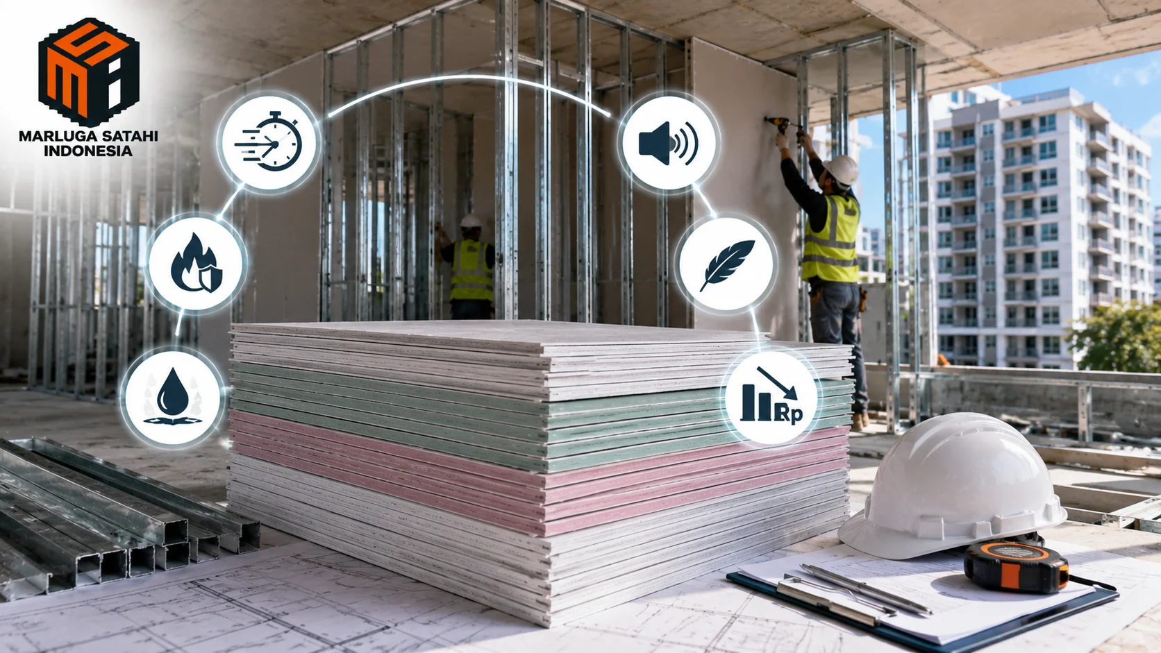 Perbandingan berbagai jenis gypsum board dengan fitur ketahanan berbeda yang ditampilkan pada area konstruksi interior modern untuk mendukung pemilihan material proyek bangunan.