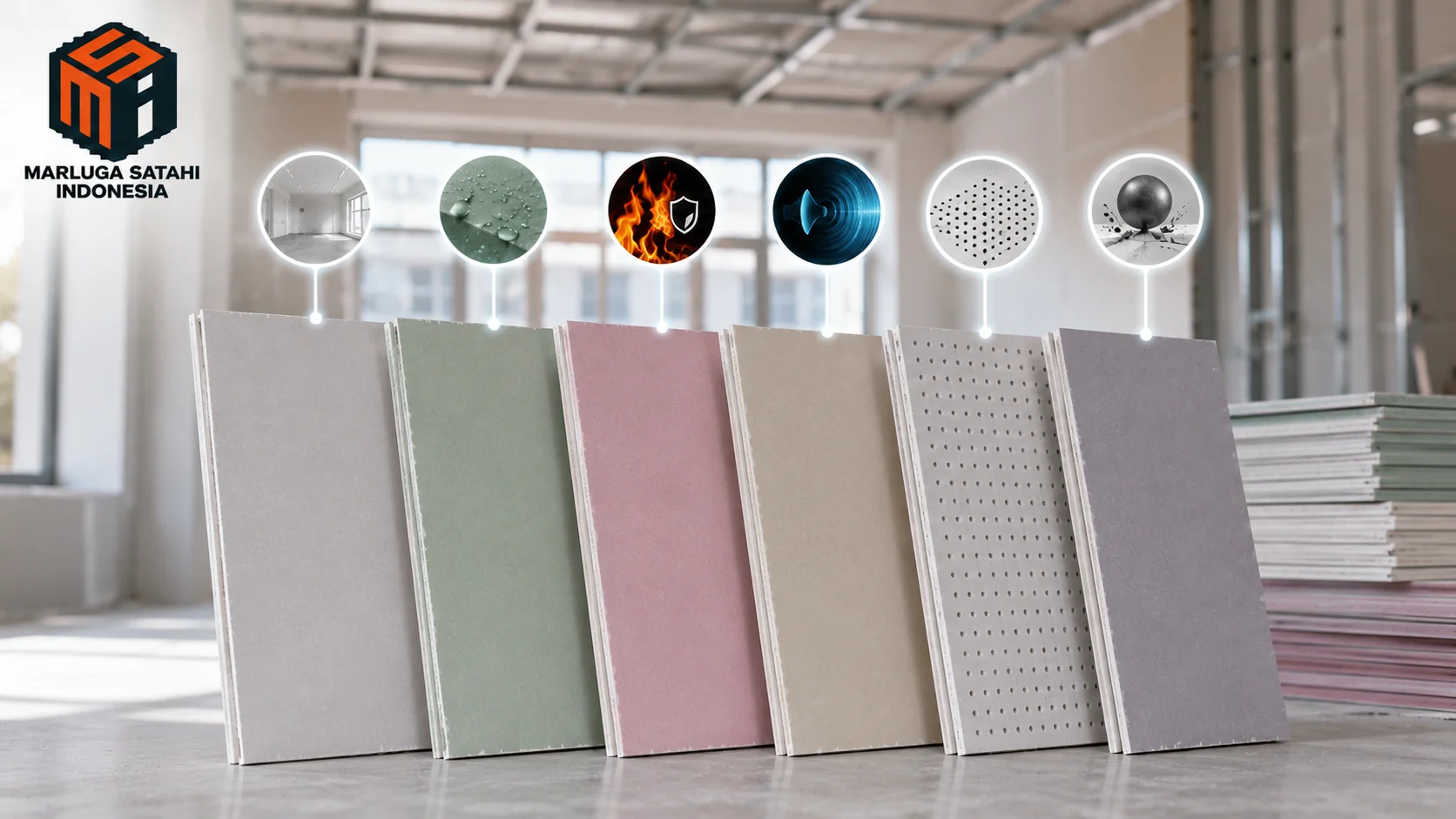 Deretan gypsum board standar, tahan lembap, tahan api, akustik, dan high impact dengan ikon karakteristik material pada proyek pembangunan gedung.
