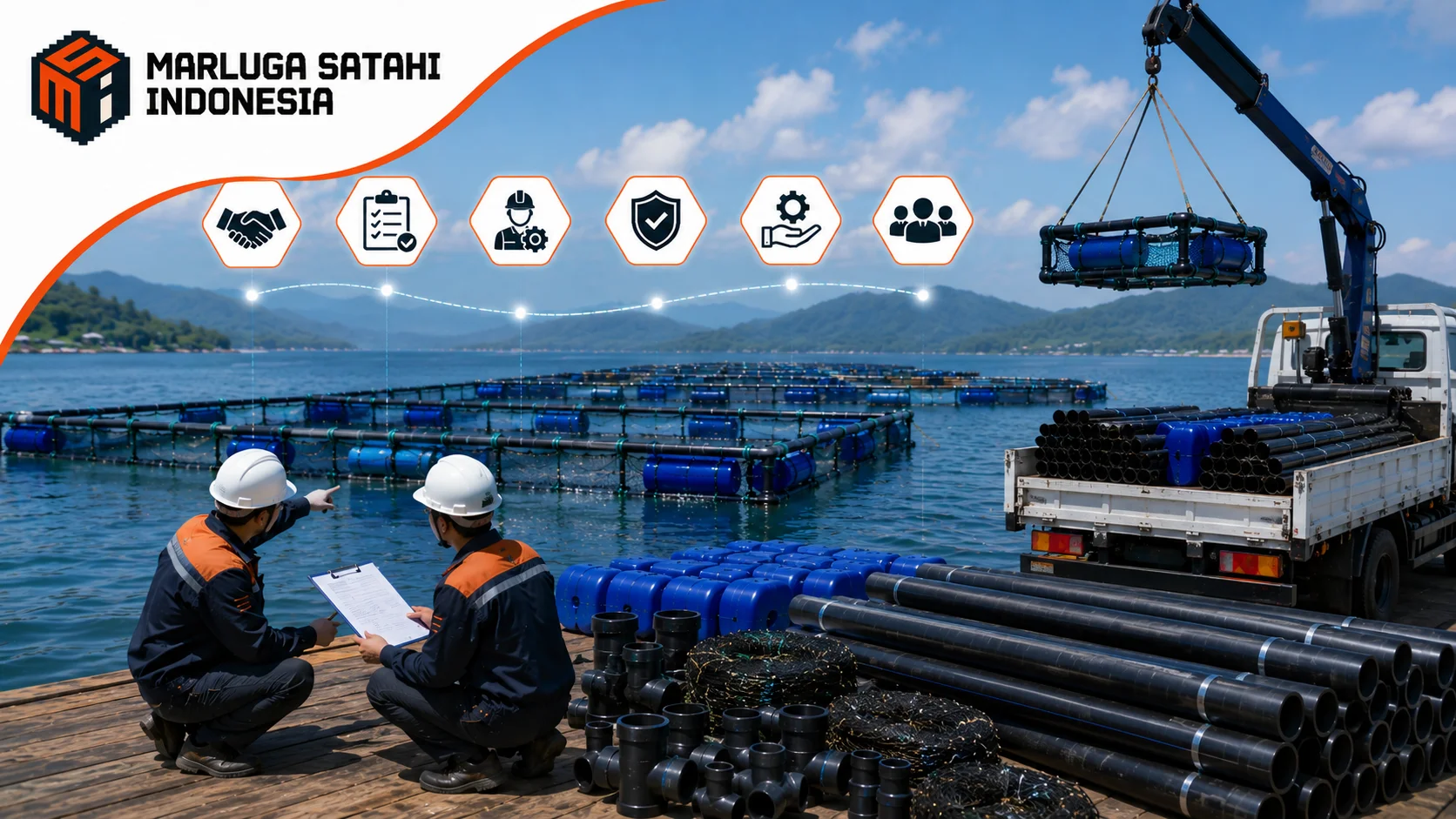 Foto produk Keramba Jaring Apung HDPE Marluga Satahi Indonesia yang memperlihatkan proses pengadaan, pemasangan modul KJA, material berkualitas, serta dukungan teknis untuk proyek budidaya ikan.